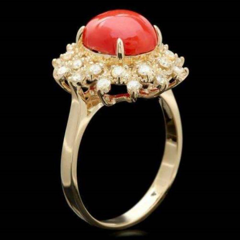 3.55 Carats Impressive Coral and Diamond 14K Yellow Gold Ring

Total Natural Oval Coral Weight is: 3.00 Carats

Coral Measures: 10.00 x 8.00mm

Natural Round Diamonds Weight: Approx. 0.55 Carats (color G-H / Clarity SI1-SI2)

Ring size: 6.5 (we