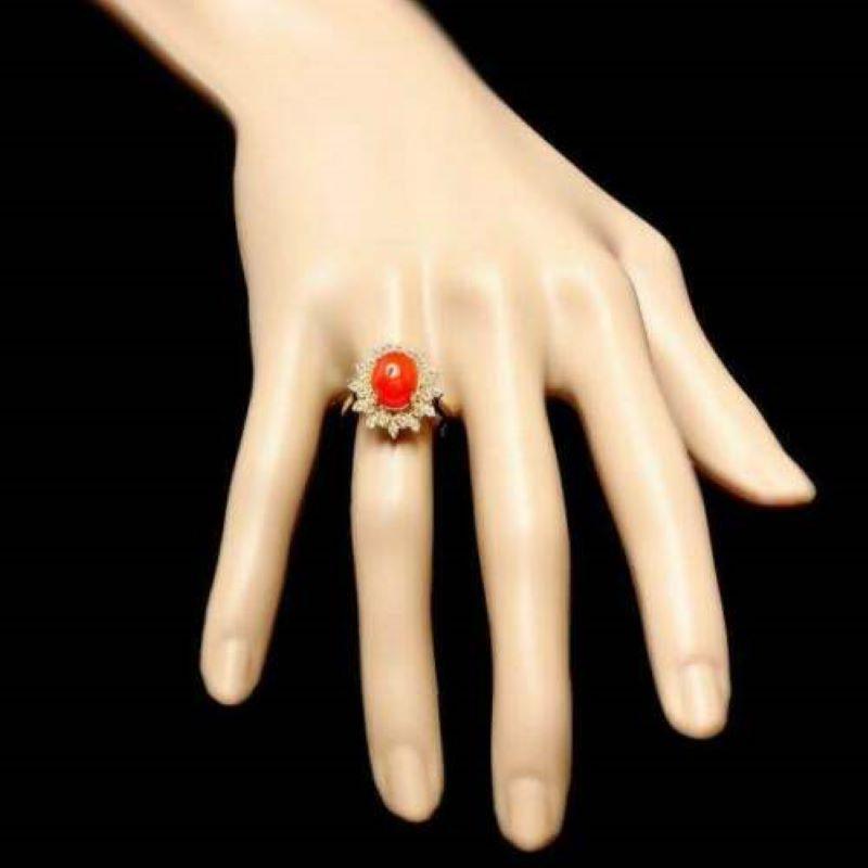 Mixed Cut 3.55 Carat Impressive Coral and Diamond 14 Karat Yellow Gold Ring For Sale