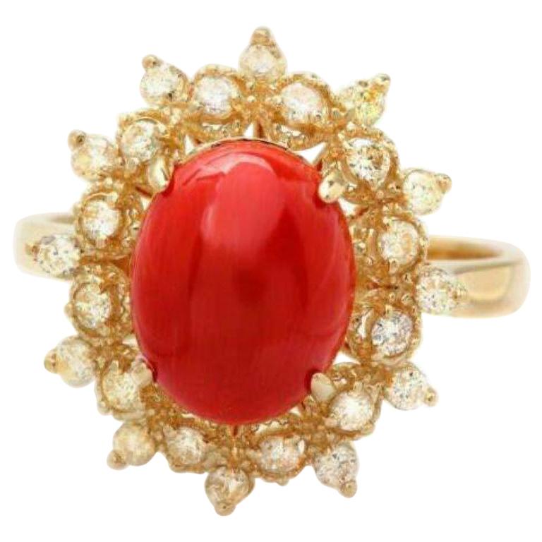 3.55 Carat Impressive Coral and Diamond 14 Karat Yellow Gold Ring For Sale