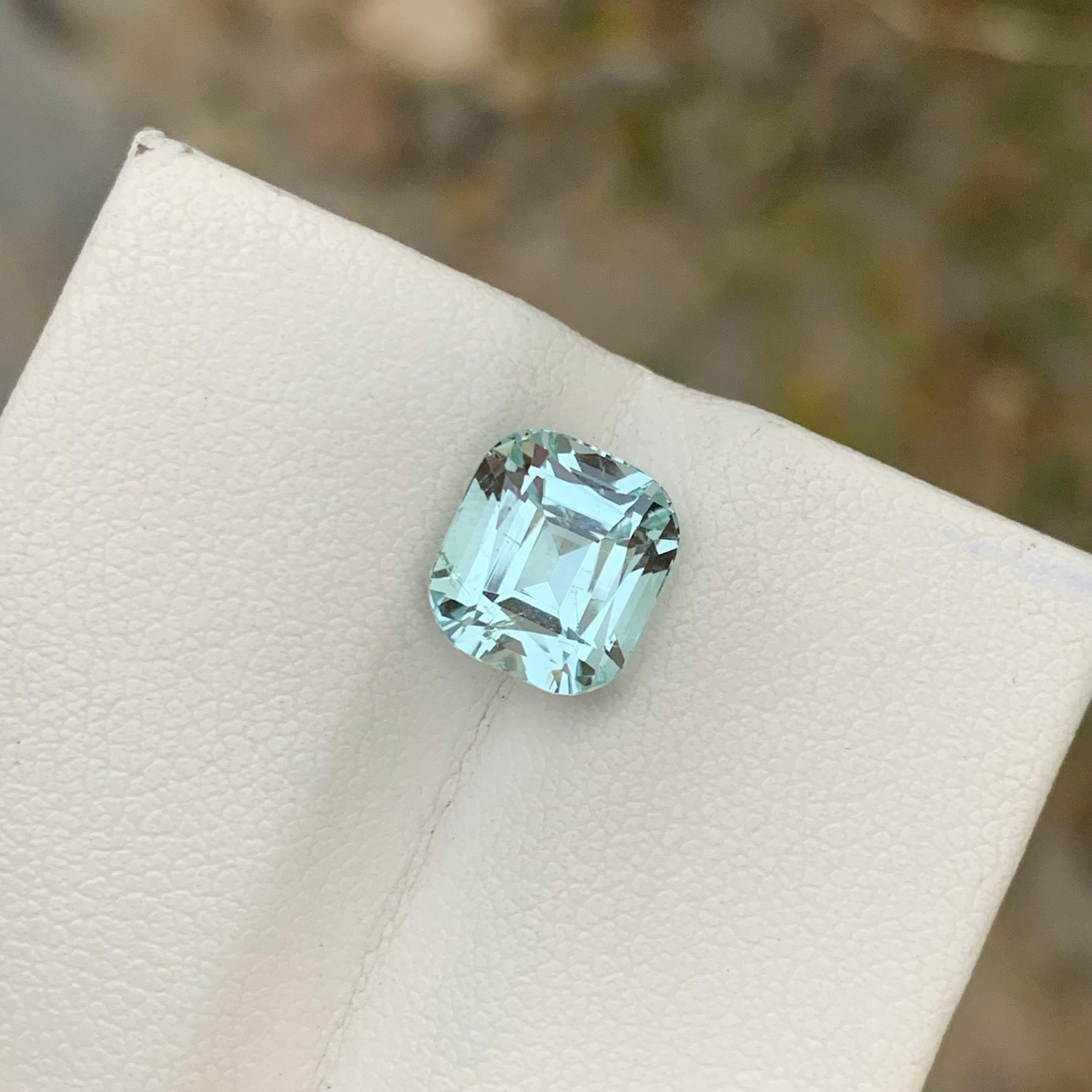 Facet Aquamarine 
Weight: 3.55 Carats 
Dimension: 9x8.1x7 Mm
Origin: Shigar Valley Pakistan 
Shape: Cushion
Color: Light Blue
Treatment: Non
Quality: SI
Aquamarine is a captivating gemstone known for its mesmerizing blue-green hues reminiscent of