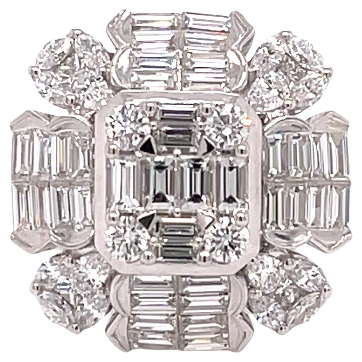 3.55 Carat 18k White Gold Fancy Illusion Set Baguette Diamond Ring  For Sale