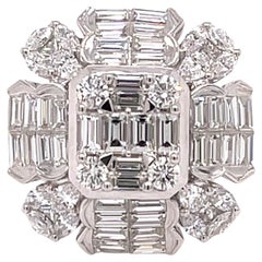 3.55 Carat 18k White Gold Fancy Illusion Set Baguette Diamond Ring 