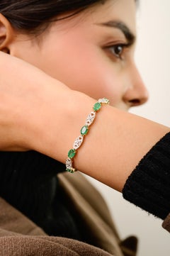 3.55 Ct Oval Emerald & Diamond Tennis Bracelet in 18K Yellow Gold Art Deco Style