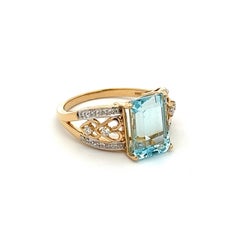 3.55 Emerald-cut Aquamarine and Diamond Art Deco Revival Gold Ring