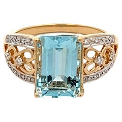 3.55 Emerald-cut Aquamarine and Diamond Art Deco Revival Gold Ring