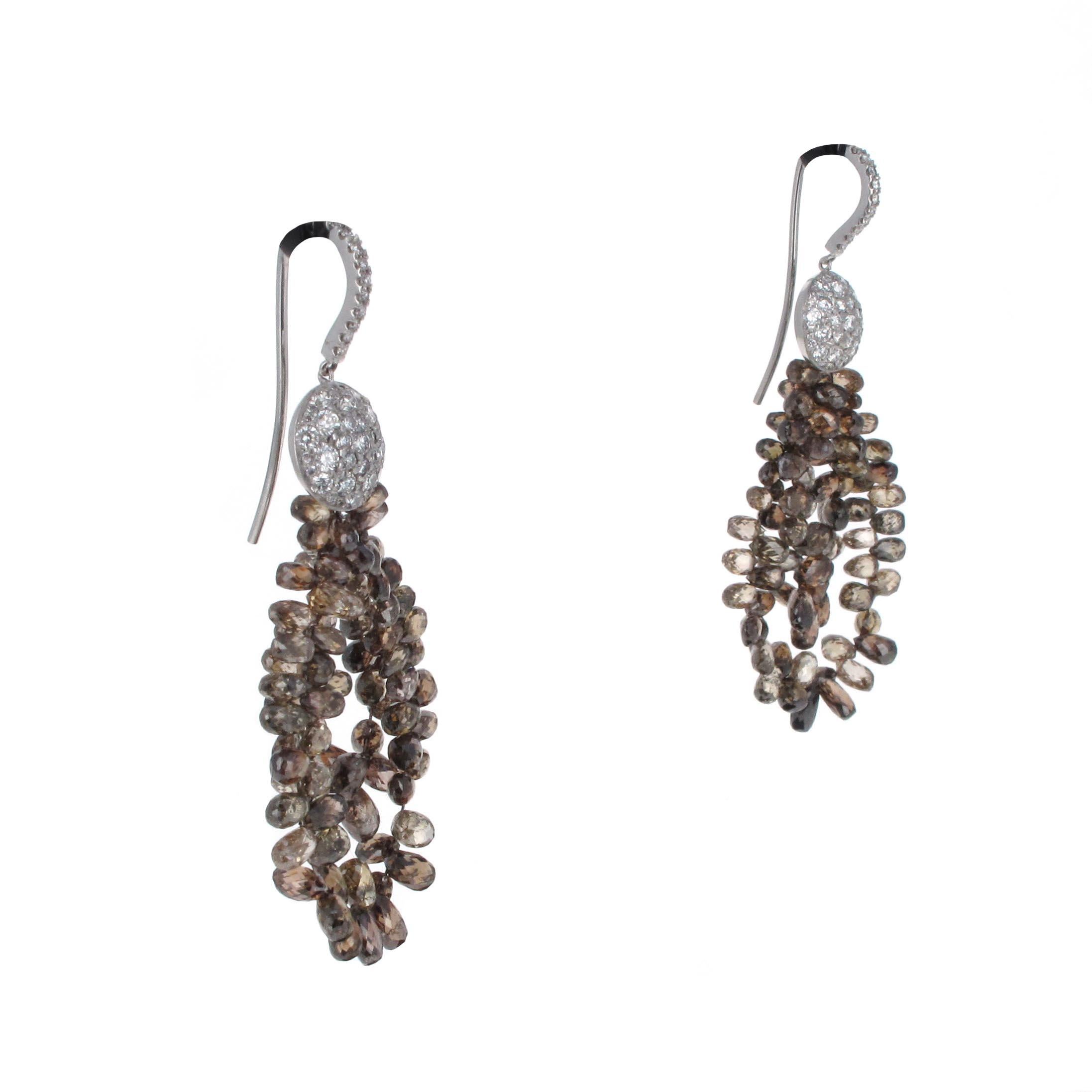 Modern 35.55 Carat Natural Brown Briolette Diamond Dangle Earrings For Sale