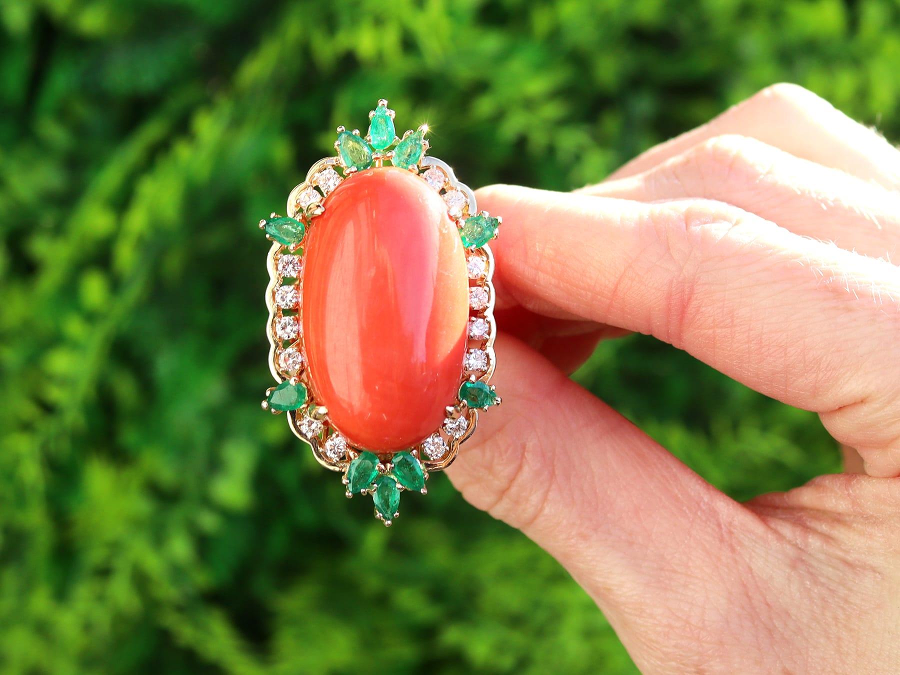 A stunning and unusual vintage 1960's 35.56 carat coral, 2.20 carat emerald and 0.86 carat diamond, 15 karat yellow gold combination dress ring and pendant; part of our diverse vintage jewellery and estate jewelry collections.

This stunning, fine