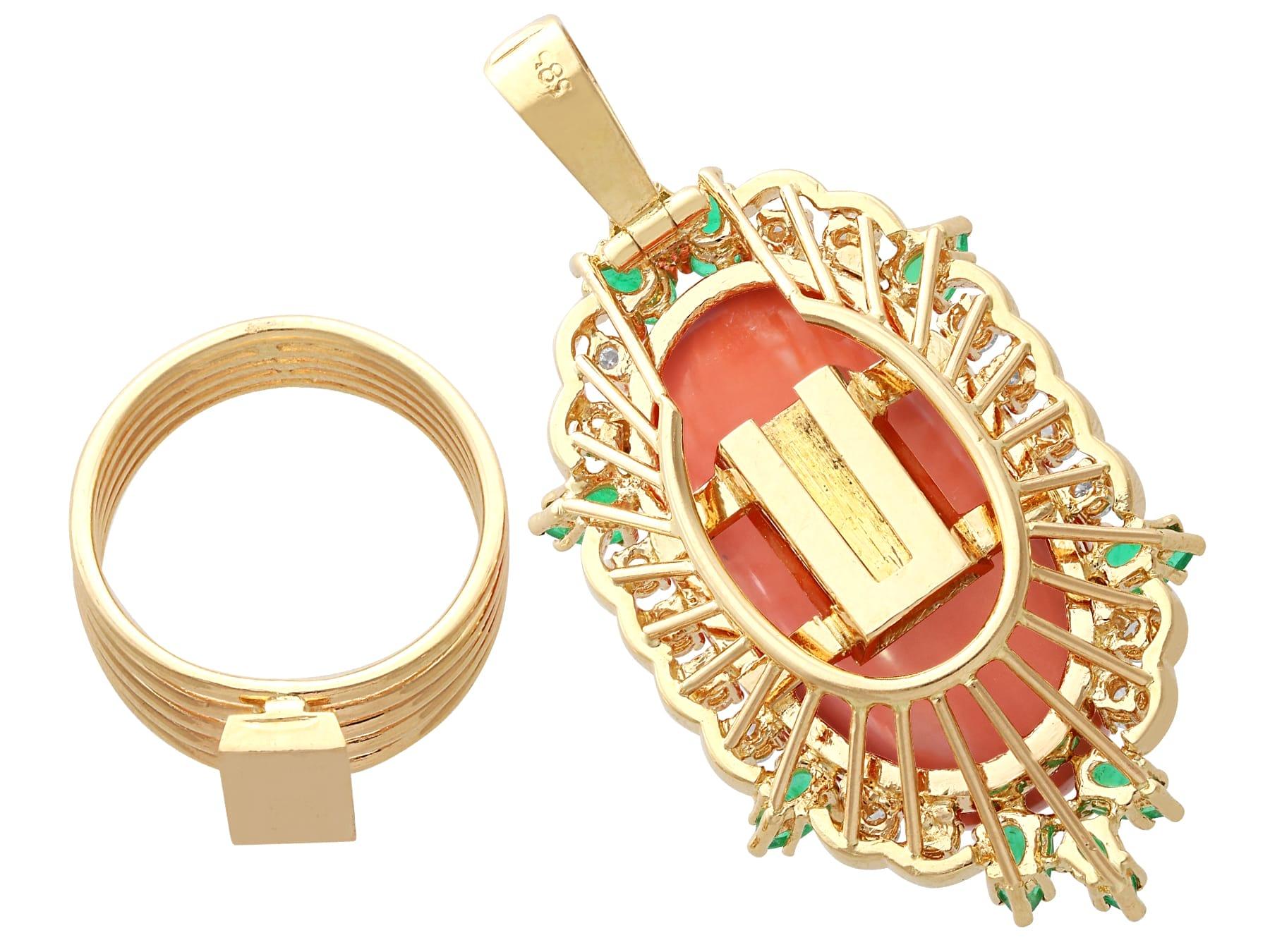 Cushion Cut 35.56 Carat Coral Emerald and Diamond Yellow Gold Combination Ring / Pendant For Sale