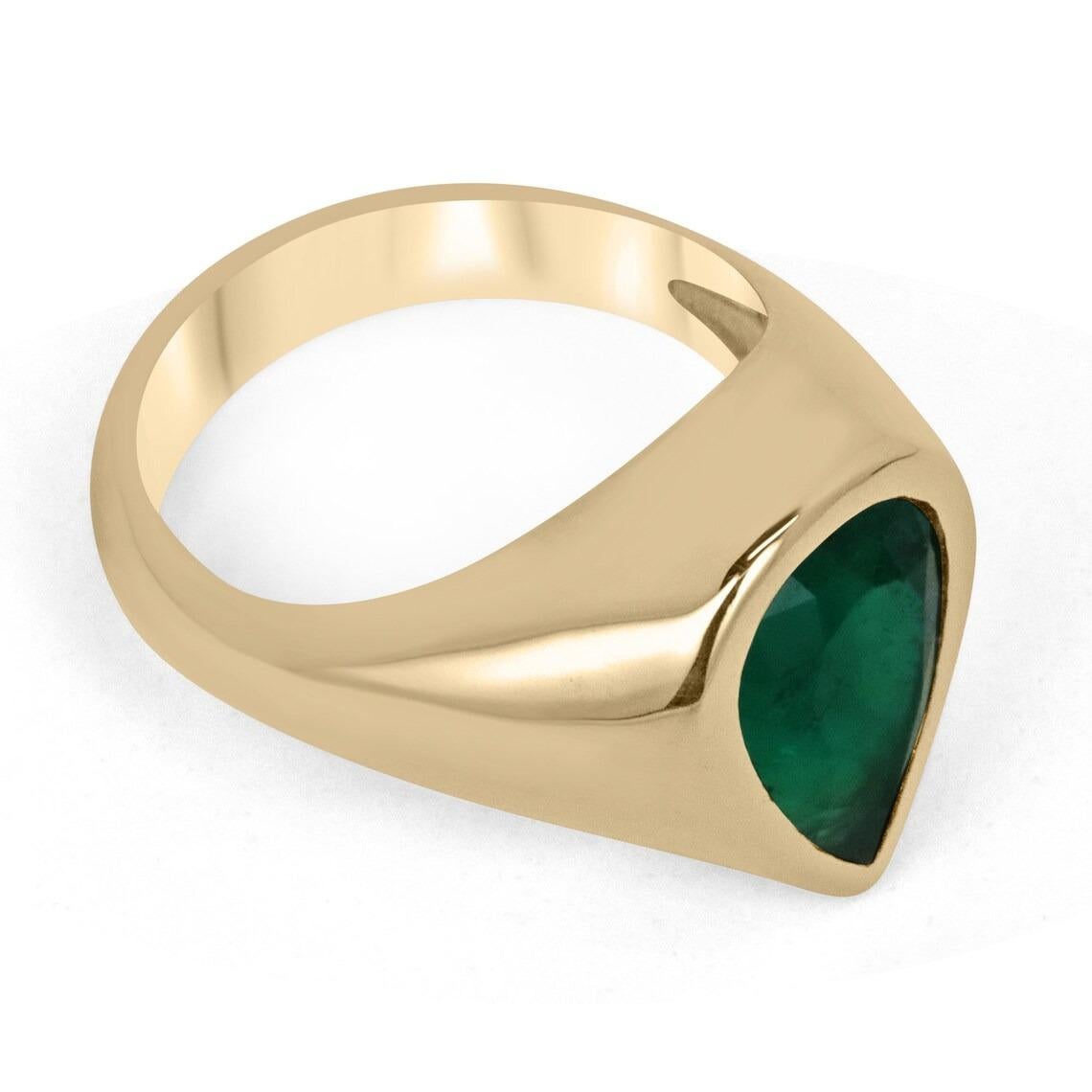 Displayed is a stunning, AAA+ top-of-the-line 3.55-carat Colombian emerald teardrop gypsy ring in 18K yellow gold. This gorgeous solitaire ring carries a natural emerald in a bezel setting. Fully faceted, this gemstone showcases very good shine and