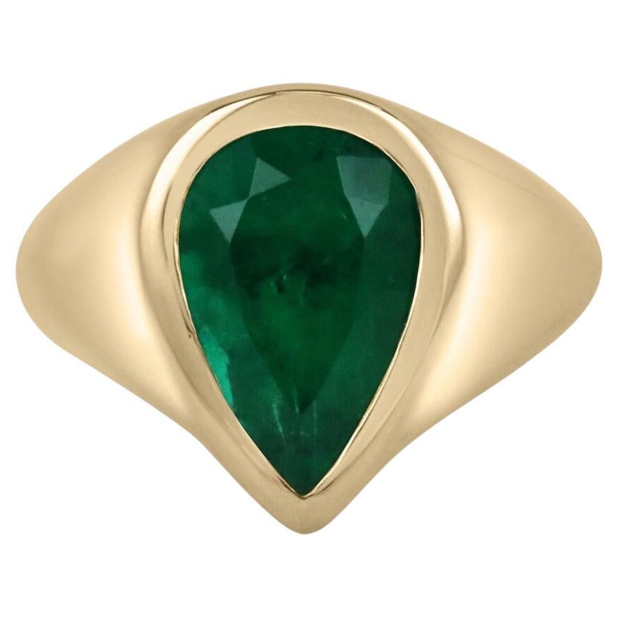 3.55ct 18K AAA+ Deep Dark Green Pear Colombian Emerald Solitaire Bezel Set Ring 