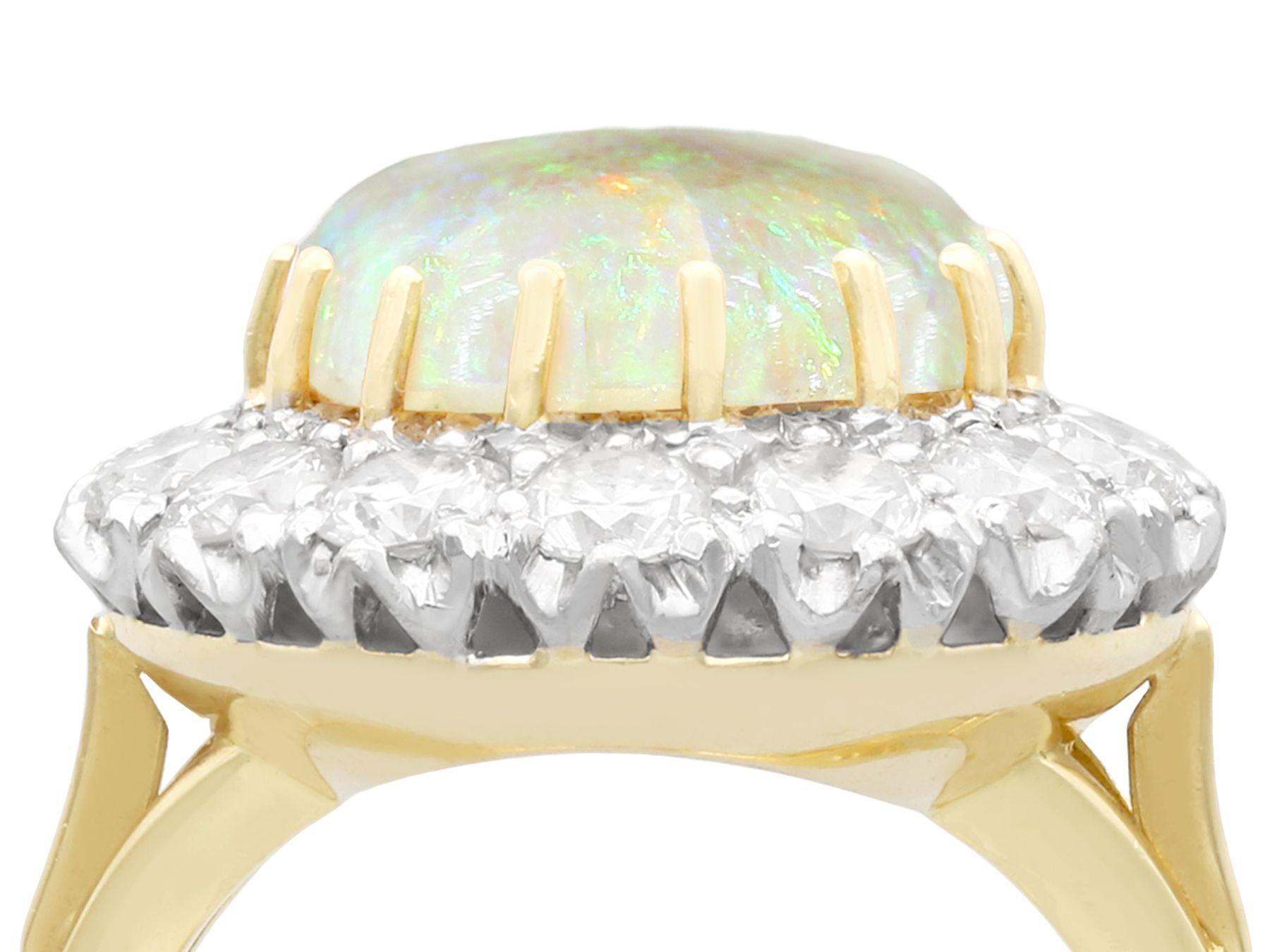 A stunning 3.55 carat white opal and 2.68 carat diamond, 18 karat yellow gold and 18 karat white gold set cocktail ring; part of our diverse opal jewelry collection.

This stunning, fine and impressive cabochon cut opal and diamond cluster ring has