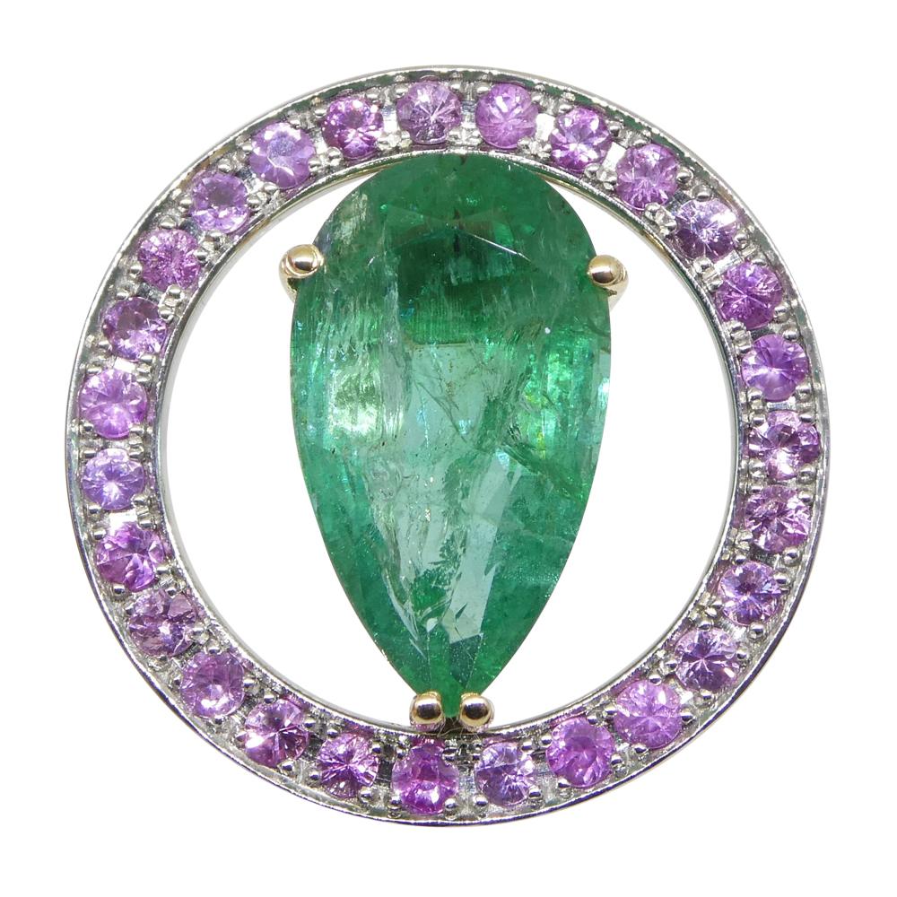 3.55ct Emerald, Pink Sapphire Pendant Set in 14k White and Yellow Gold For Sale 6