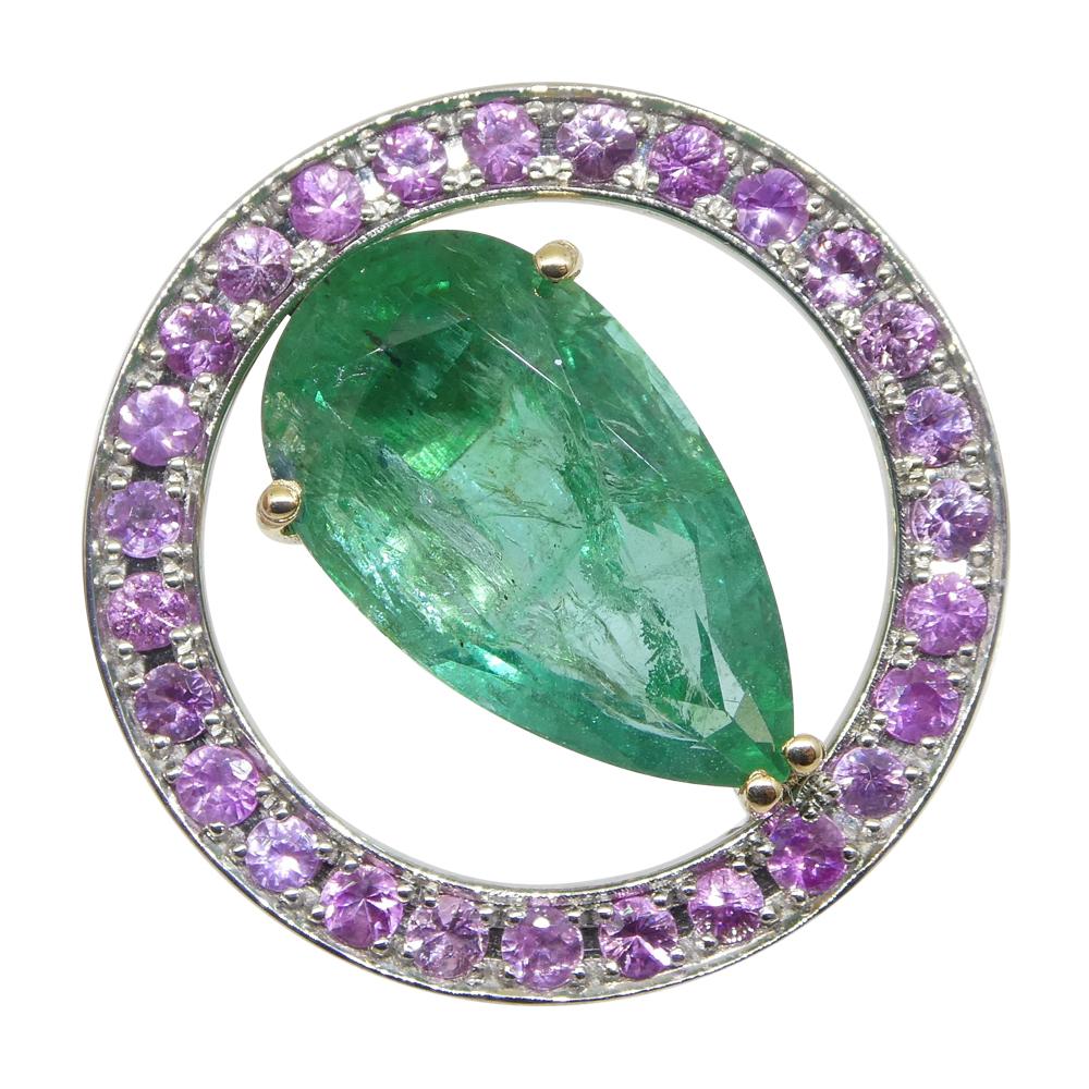 3.55ct Emerald, Pink Sapphire Pendant Set in 14k White and Yellow Gold For Sale 7