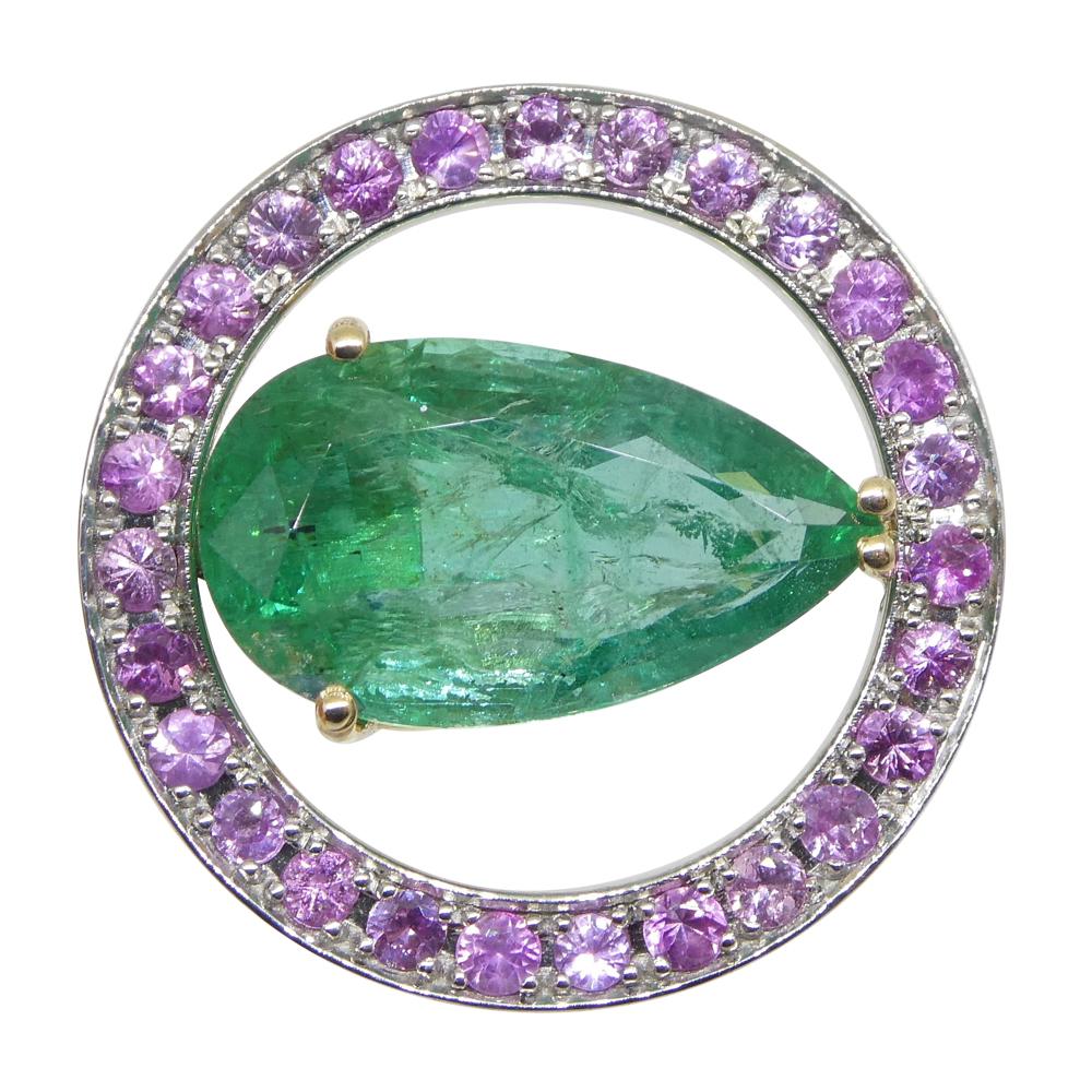 3.55ct Emerald, Pink Sapphire Pendant Set in 14k White and Yellow Gold For Sale 8