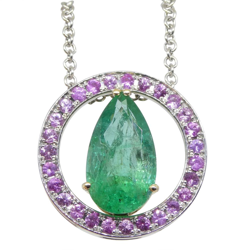 Contemporary 3.55ct Emerald, Pink Sapphire Pendant Set in 14k White and Yellow Gold For Sale
