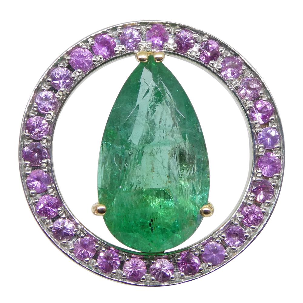 Women's or Men's 3.55ct Emerald, Pink Sapphire Pendant Set in 14k White and Yellow Gold For Sale