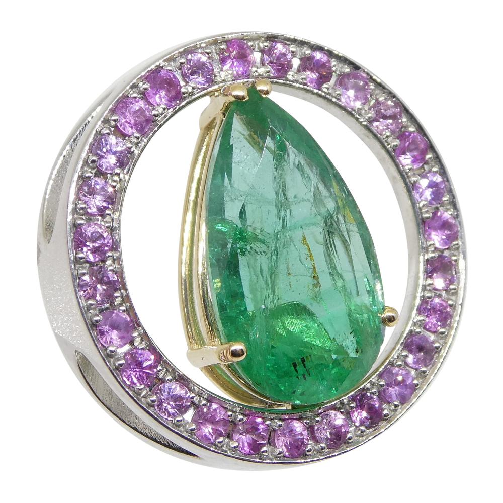 3.55ct Emerald, Pink Sapphire Pendant Set in 14k White and Yellow Gold For Sale 1
