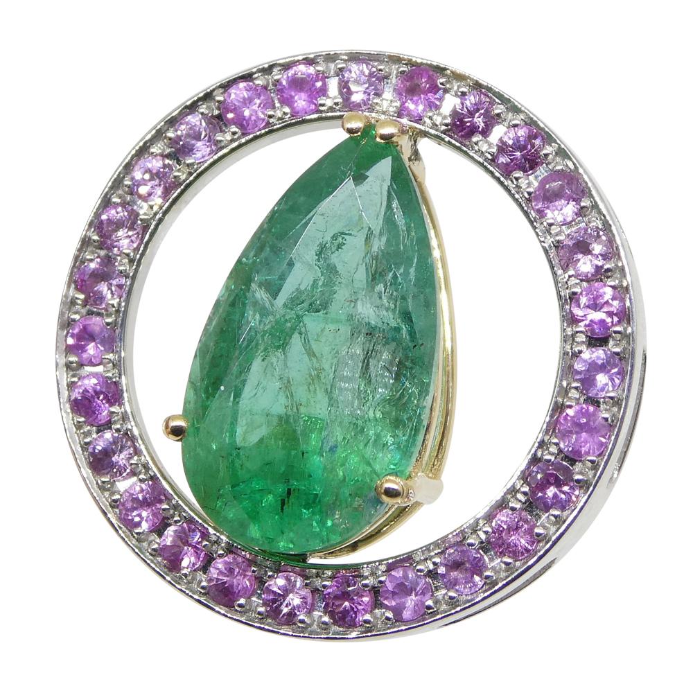 3.55ct Emerald, Pink Sapphire Pendant Set in 14k White and Yellow Gold For Sale 2