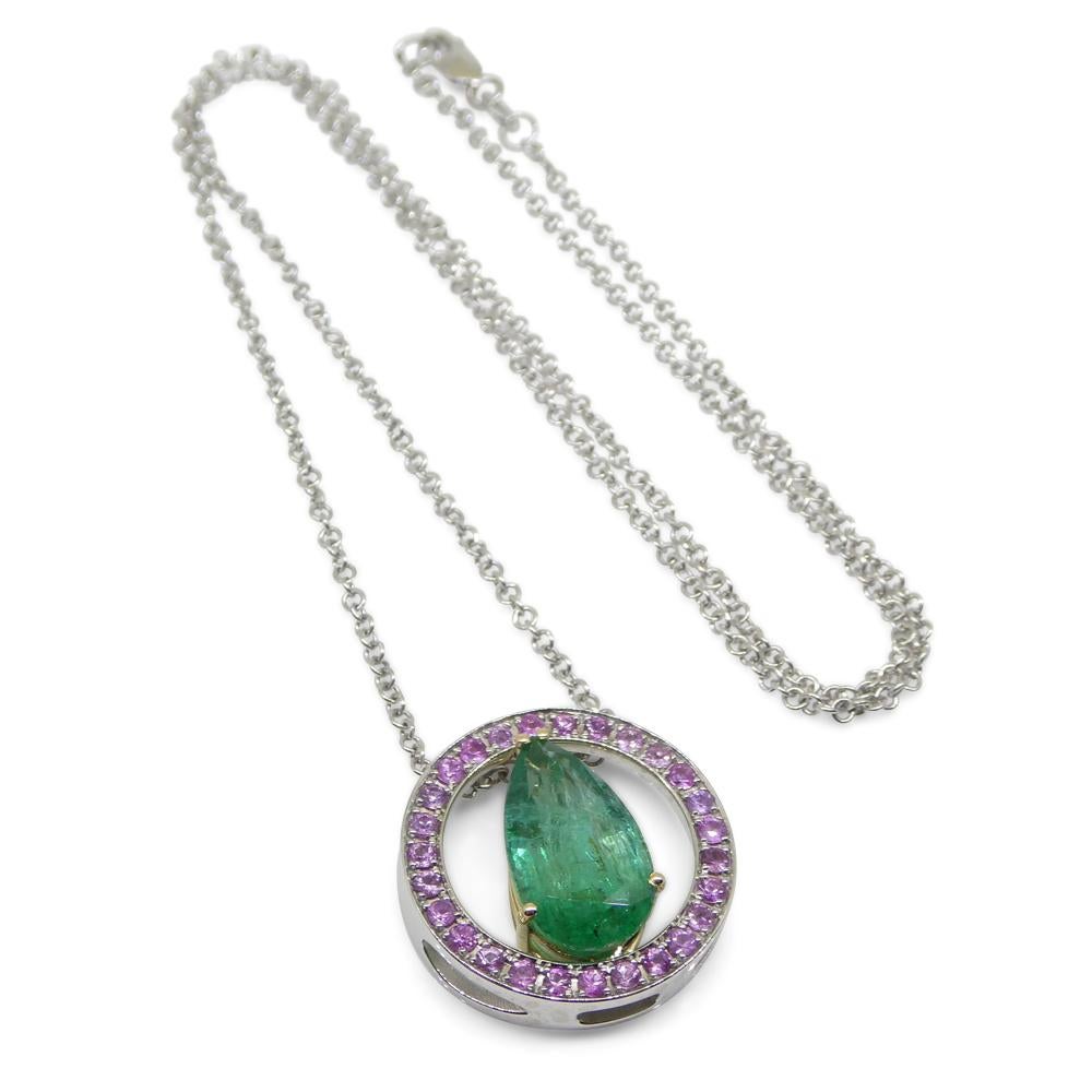 3.55ct Emerald, Pink Sapphire Pendant Set in 14k White and Yellow Gold For Sale 3