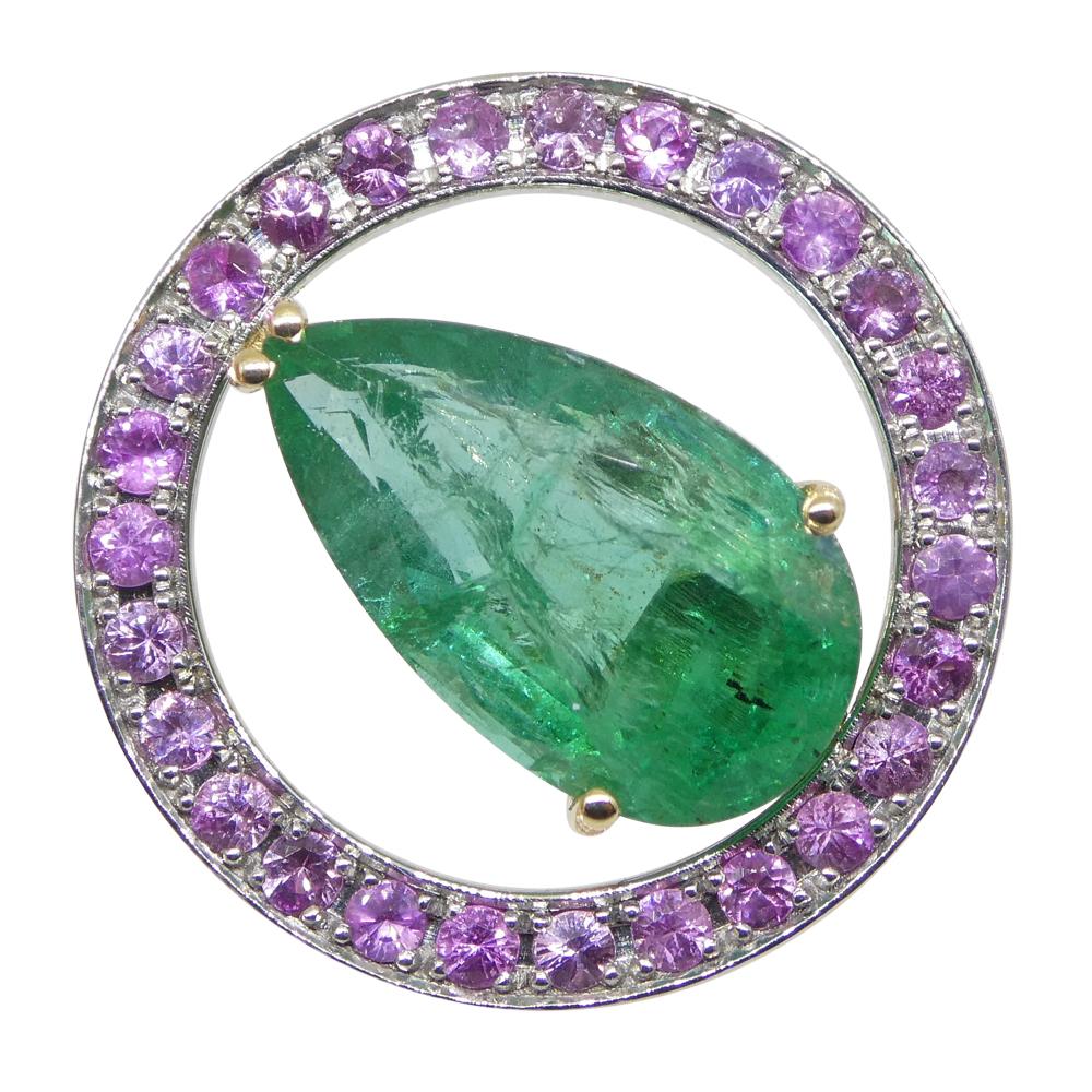 3.55ct Emerald, Pink Sapphire Pendant Set in 14k White and Yellow Gold For Sale 4