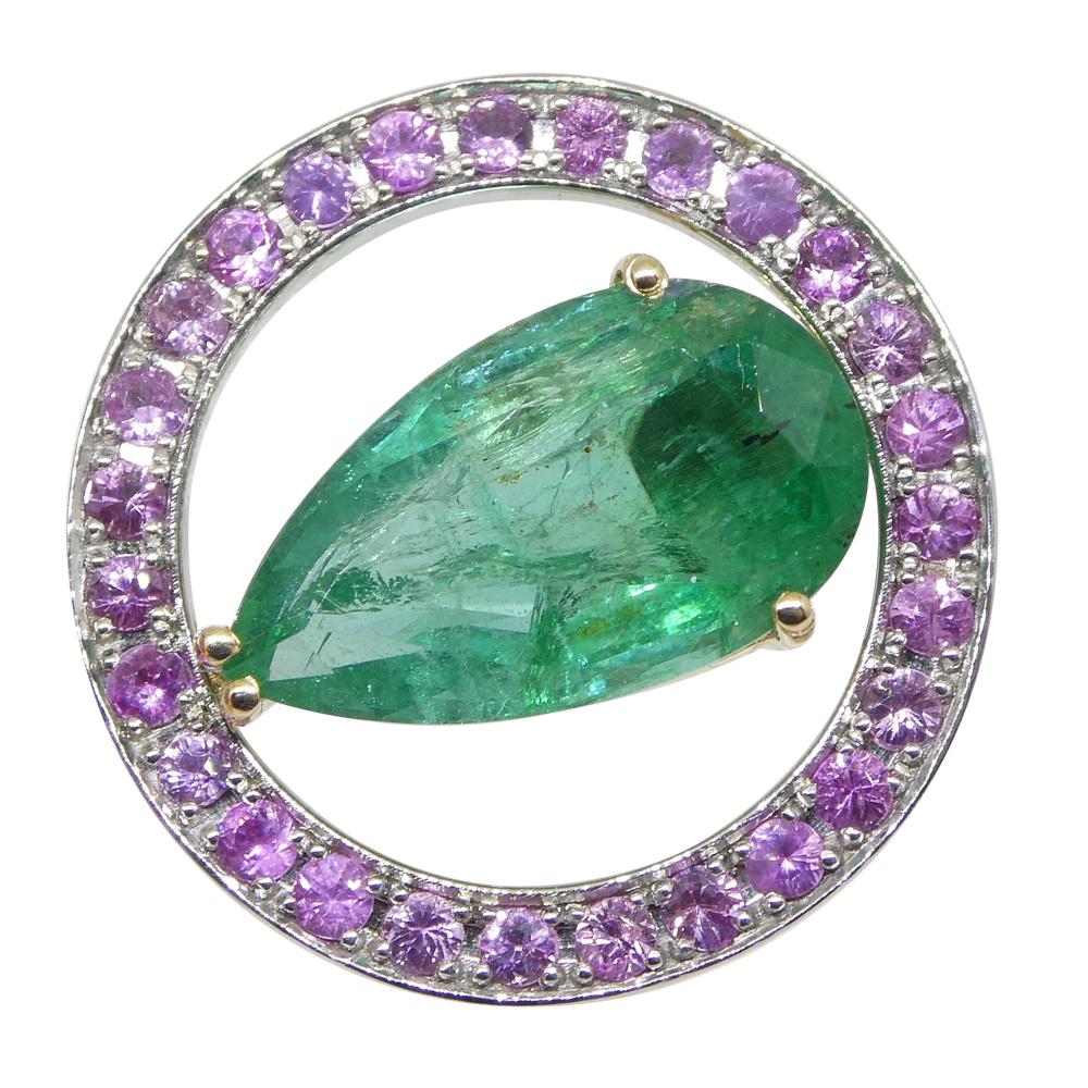3.55ct Emerald, Pink Sapphire Pendant Set in 14k White and Yellow Gold For Sale 5