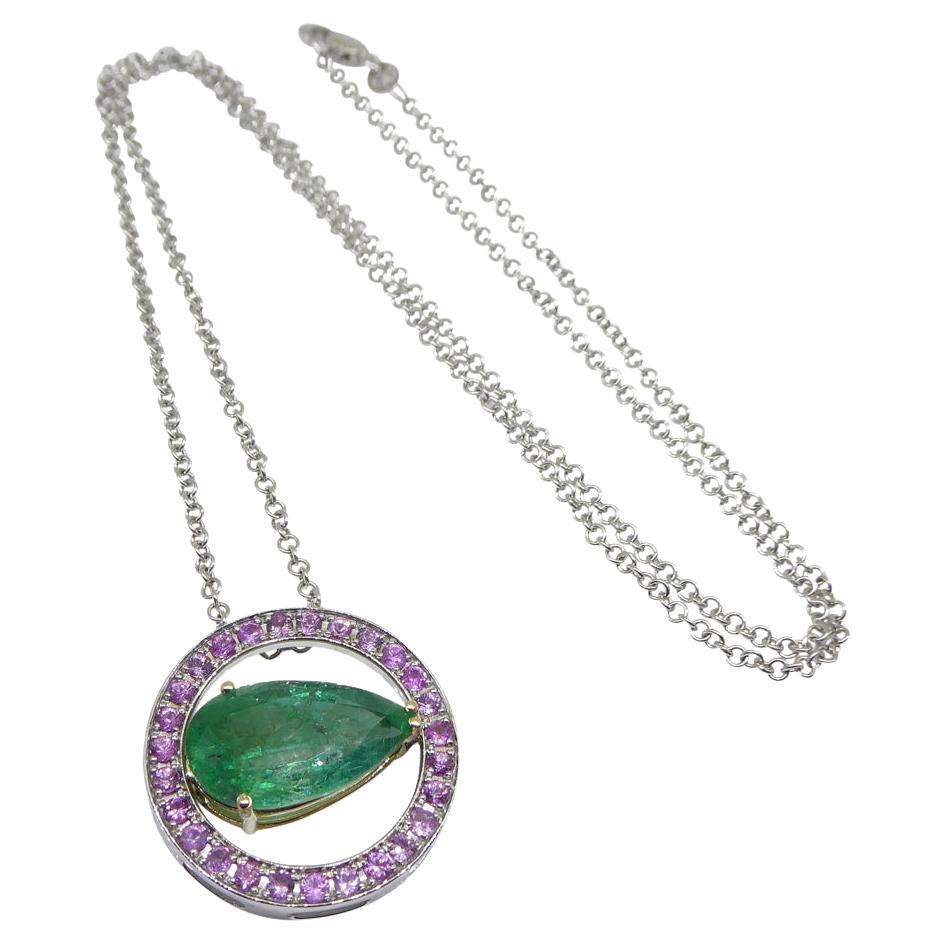 3.55ct Emerald, Pink Sapphire Pendant Set in 14k White and Yellow Gold For Sale