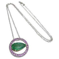 3.55ct Emerald, Pink Sapphire Pendant Set in 14k White and Yellow Gold