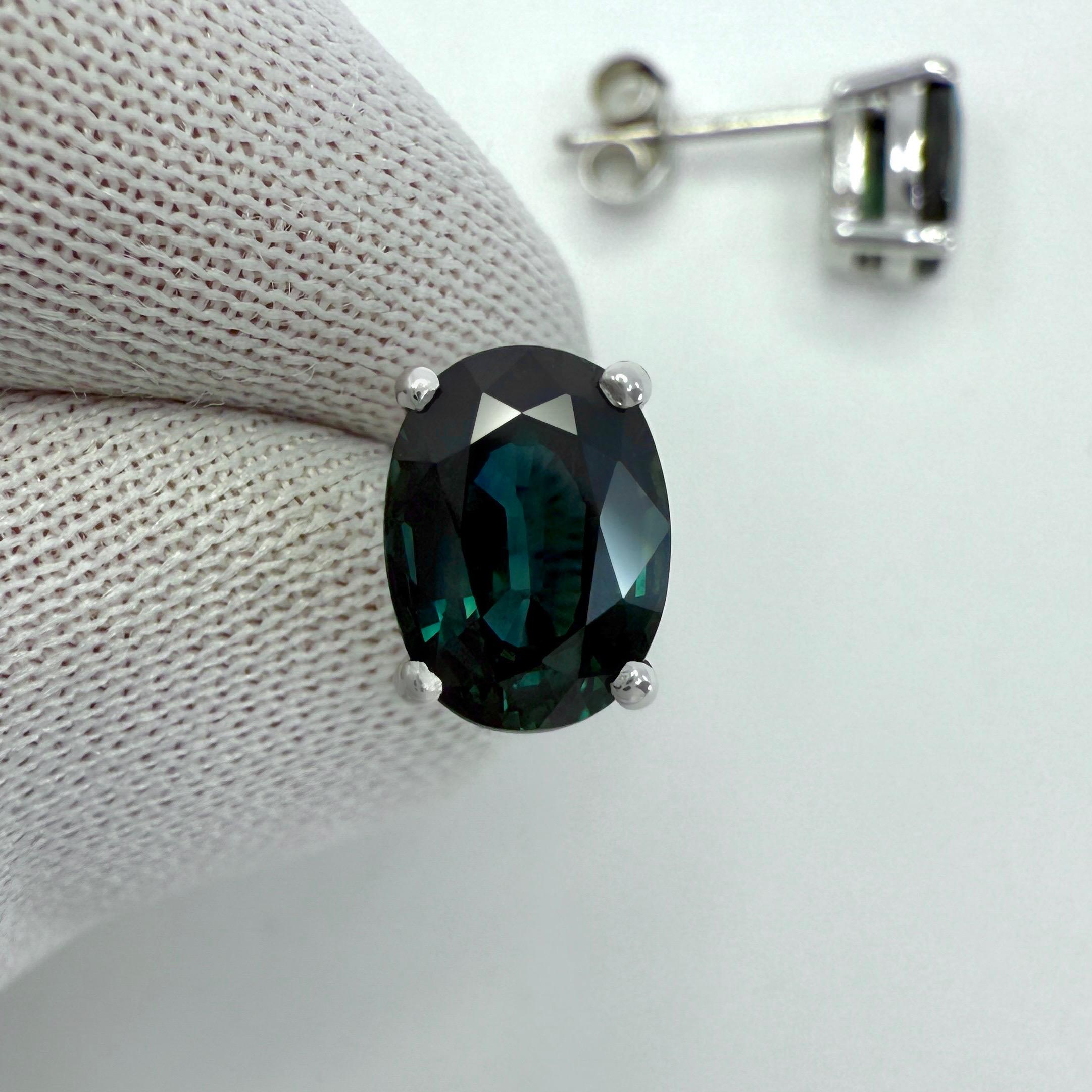 Clous d'oreilles solitaires en or blanc 18 carats avec saphir bleu sarcelle vert taille ovale de 3,55 carats Unisexe en vente