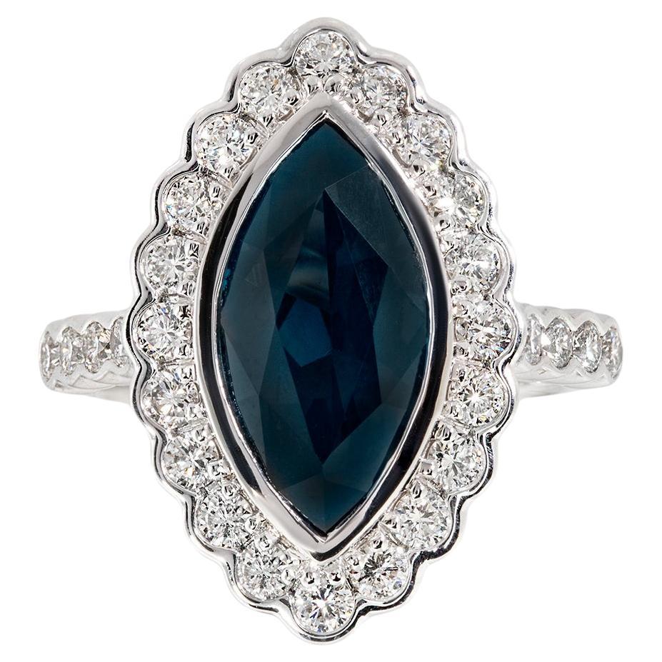 3.55ct Marquise Australian Sapphire and Diamond Scalloped Cluster Ring