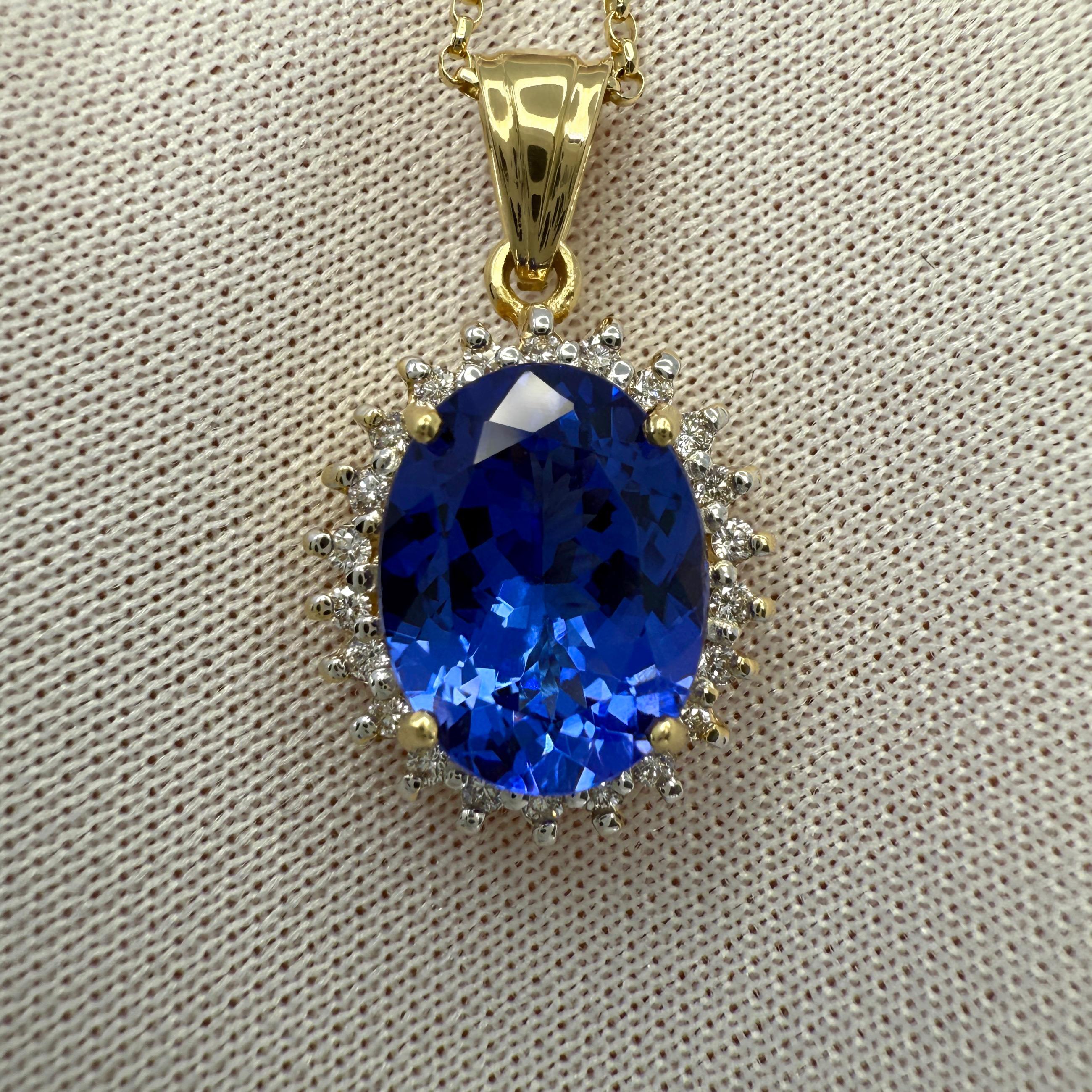 Natural Vivid Blue Purple Tanzanite And Diamond 18k Yellow Gold Halo Pendant Necklace.

3.55 Carat tanzanite with a vivid purple blue colour and excellent clarity. VVS. A very clean stone.
Also has an excellent oval cut, measuring 11.3x8.7mm.
Top