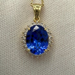 3.55ct Natural Vivid Blue Purple Tanzanite Diamond 18k Yellow Gold Halo Pendant