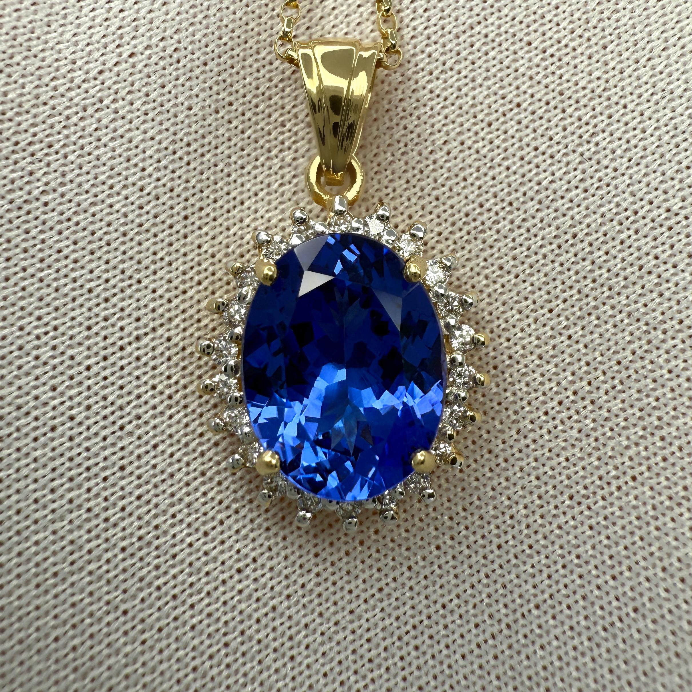 3.55ct Natural Vivid Blue Purple Tanzanite Diamond 18k Yellow Gold Halo Pendant In Excellent Condition For Sale In Birmingham, GB