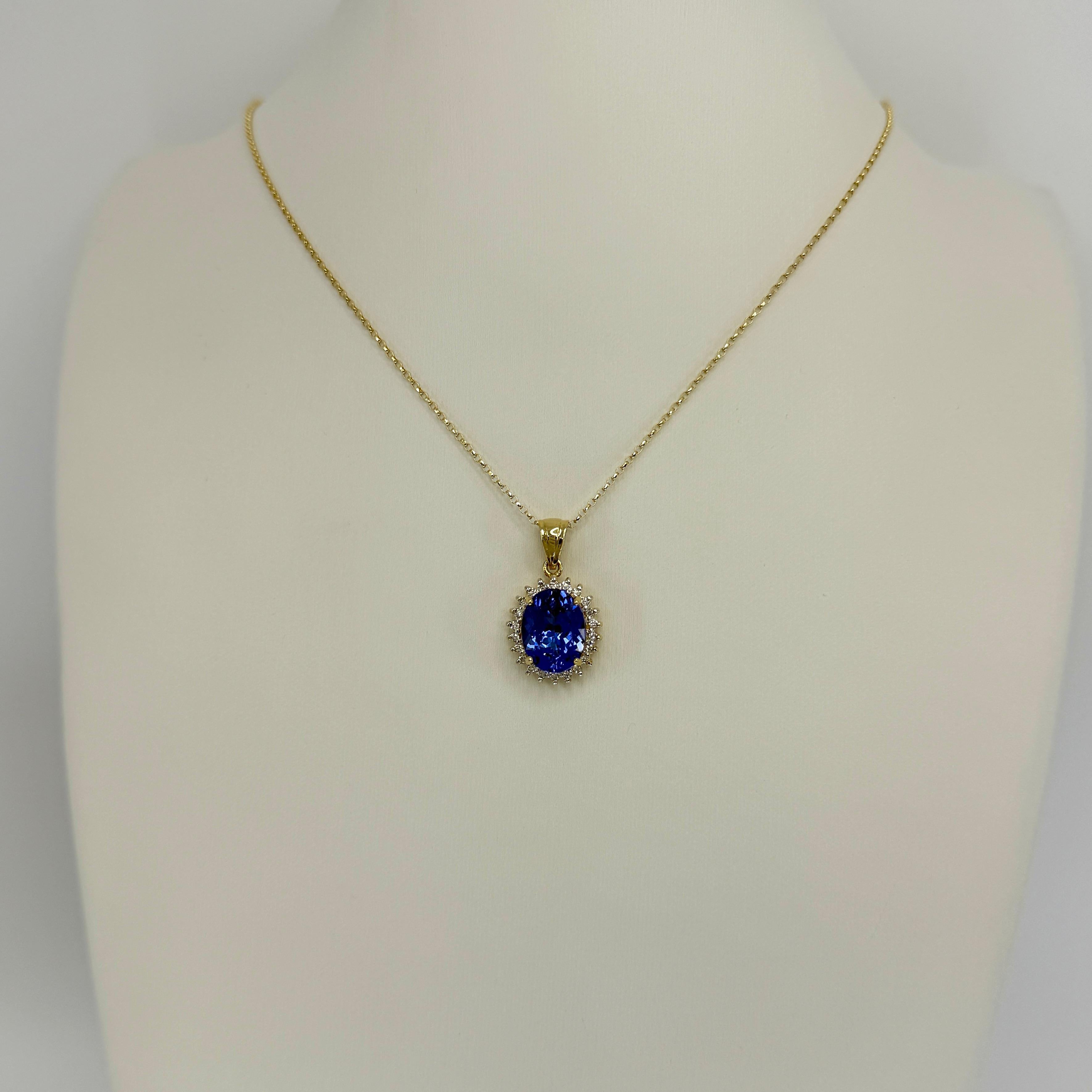Women's or Men's 3.55ct Natural Vivid Blue Purple Tanzanite Diamond 18k Yellow Gold Halo Pendant For Sale