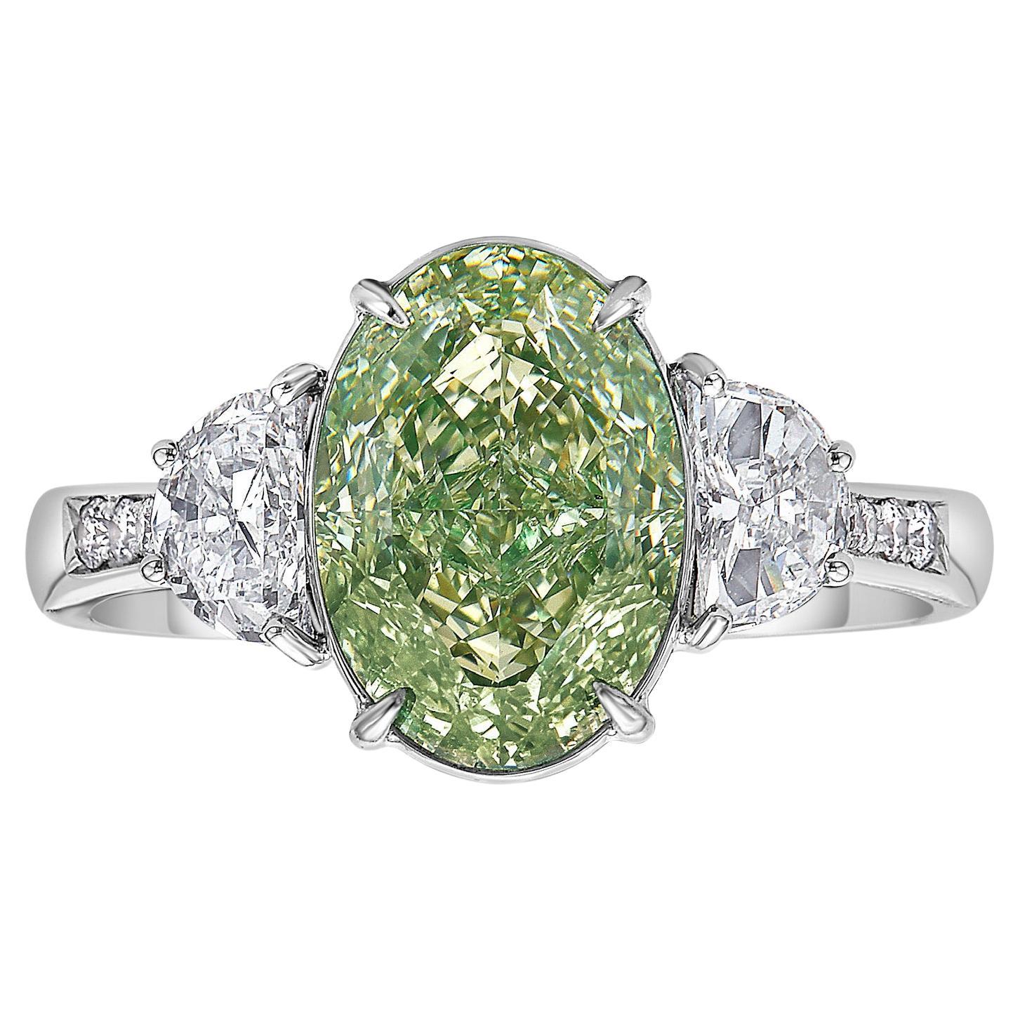 3.55ct Oval Green Diamond VVS2 GIA Ring For Sale