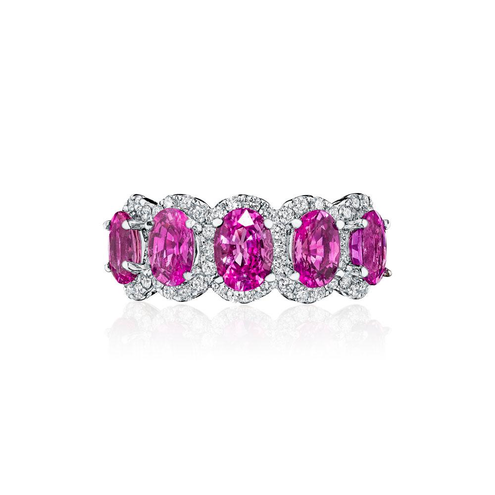 Modern 3.55ct Oval Pink Sapphire & Round Diamond Band in 14KT Gold For Sale