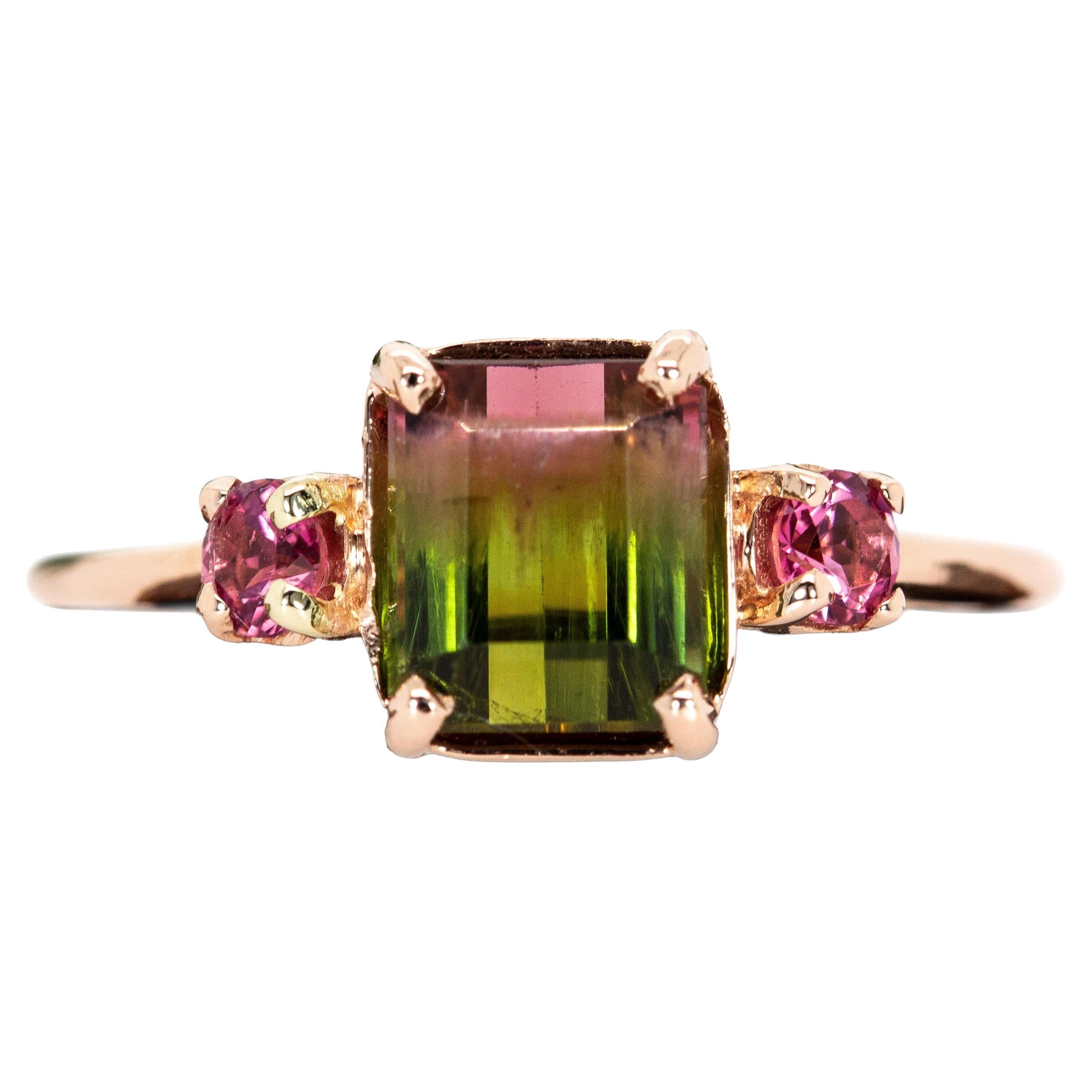 3.55cts Bi-Color Tourmaline Ring w Pink Tourmaline Accents in 14K Gold EM 9x6mm