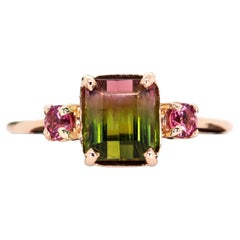 3.55cts Bi-Color Tourmaline Ring w Pink Tourmaline Accents in 14K Gold EM 9x6mm