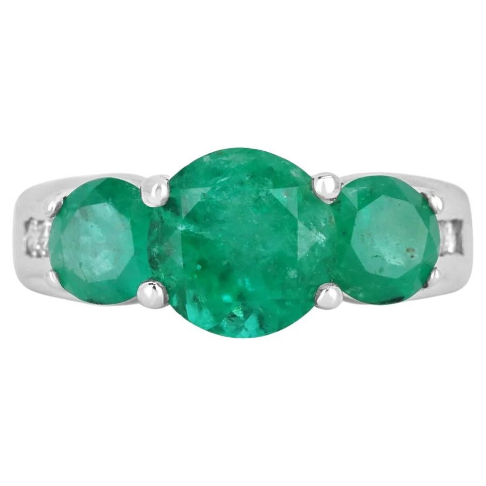3.55tcw 14K Colombian Emerald-Round Cut & Diamond Three Stone Anniversary Ring For Sale