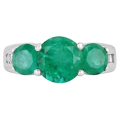 3.55tcw 14K Colombian Emerald-Round Cut & Diamond Three Stone Anniversary Ring