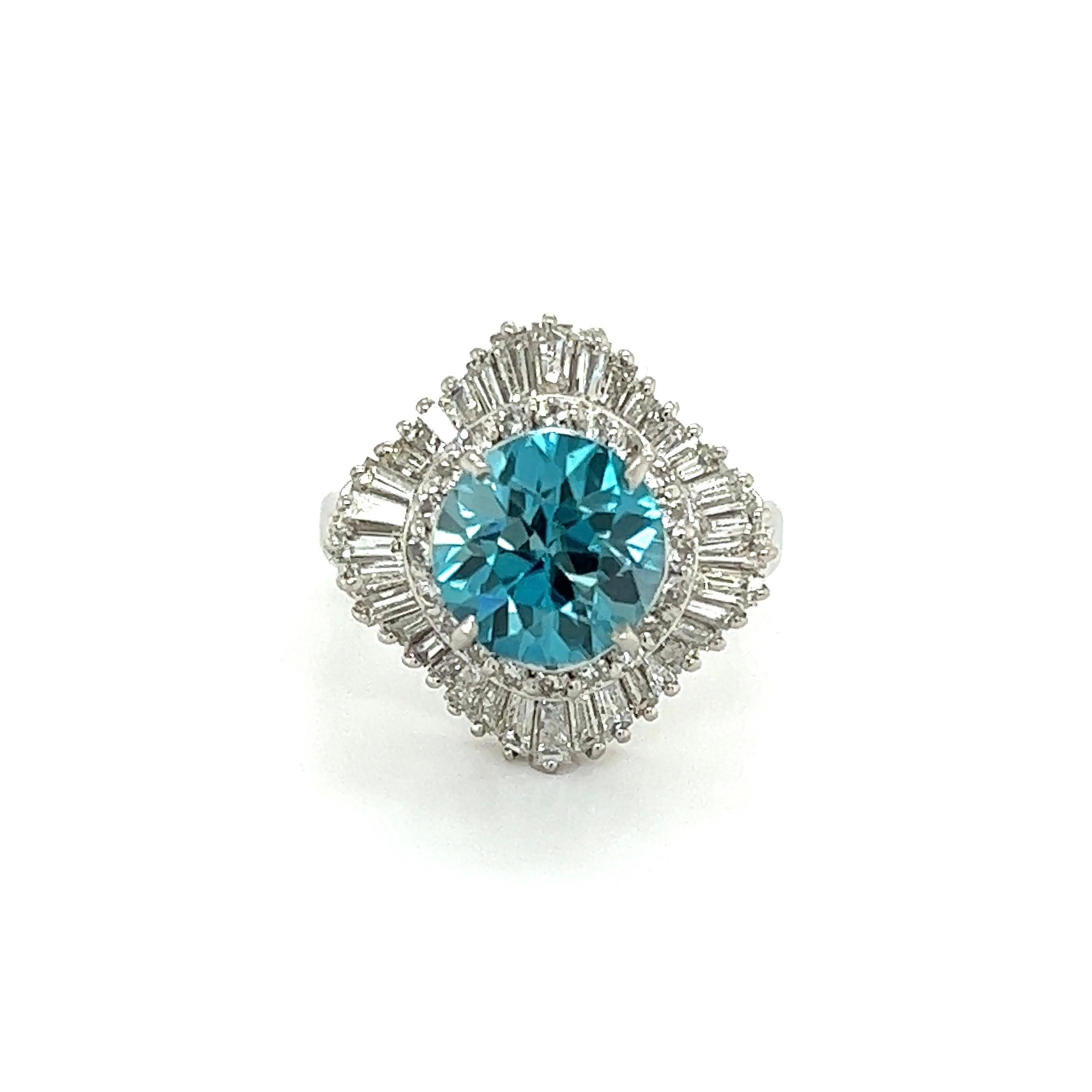 Modern 3.56 Carat Blue Zircon and Diamond Platinum Cocktail Ring Estate Fine Jewelry For Sale