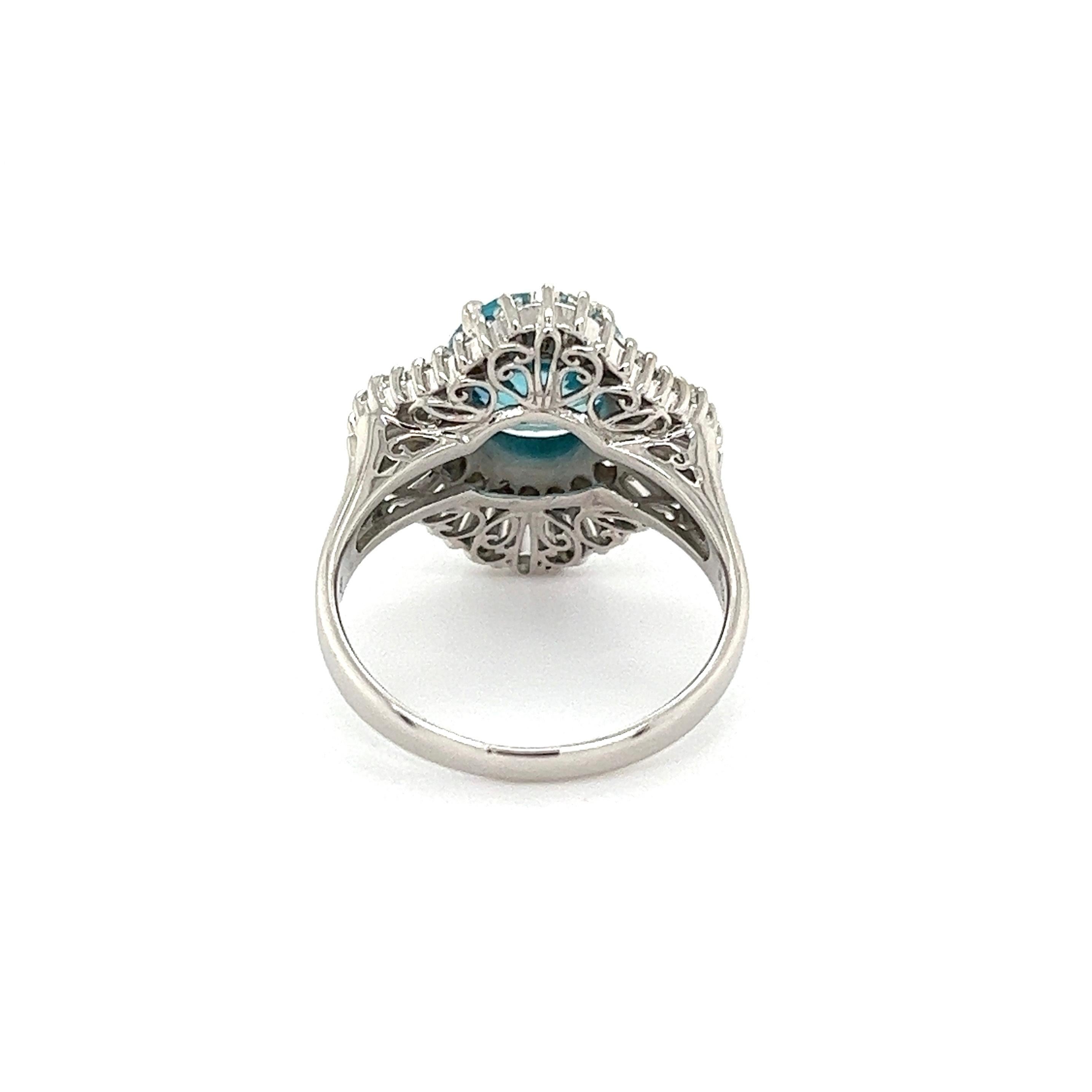 Mixed Cut 3.56 Carat Blue Zircon and Diamond Platinum Cocktail Ring Estate Fine Jewelry For Sale