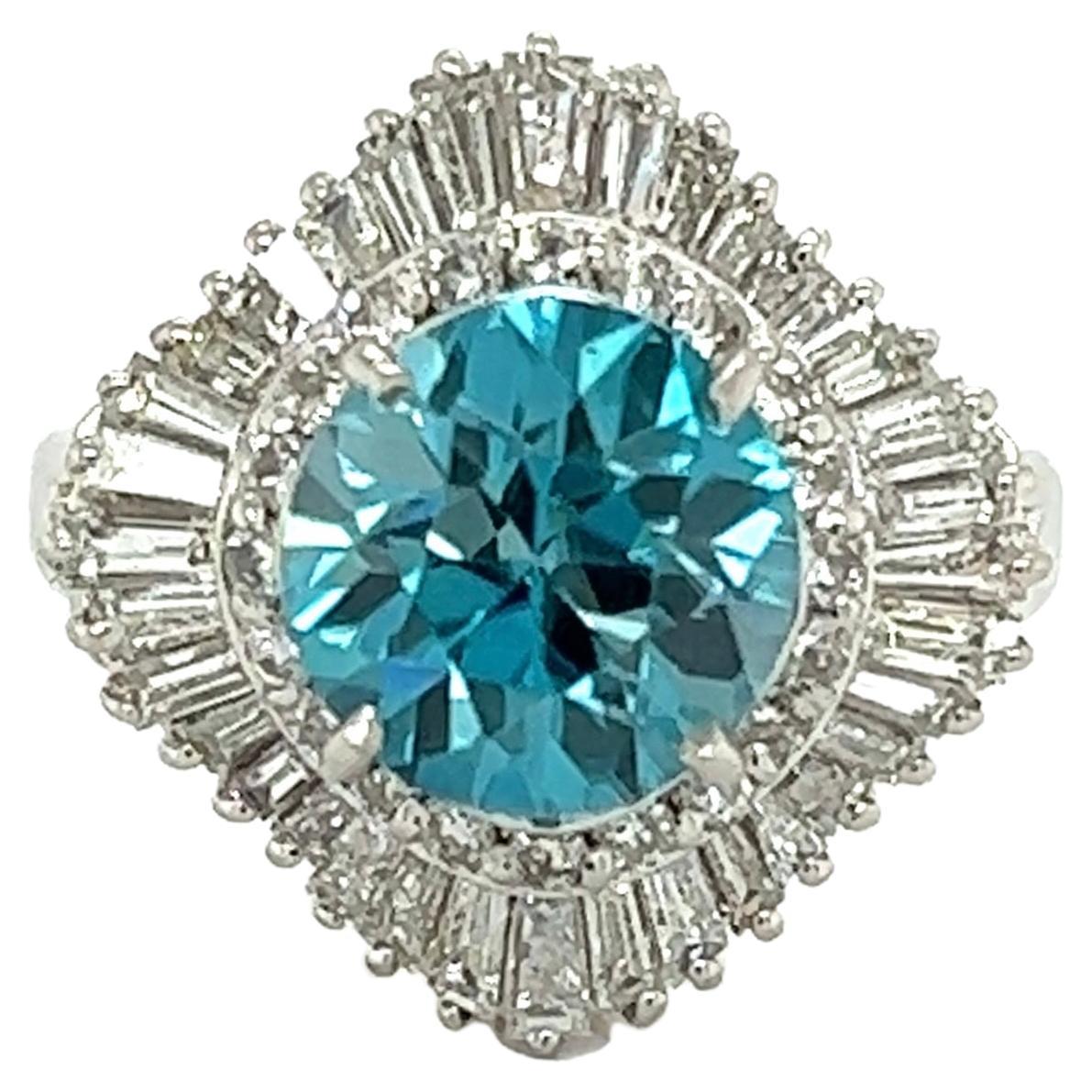 3.56 Carat Blue Zircon and Diamond Platinum Cocktail Ring Estate Fine Jewelry