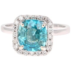 Vintage 3.56 Carat Blue Zircon Diamond White Gold Engagement Ring 14 Karat White Gold