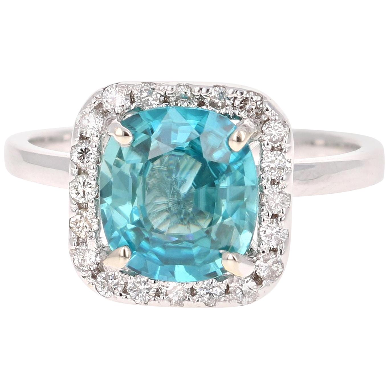 3.56 Carat Blue Zircon Diamond White Gold Engagement Ring 14 Karat White Gold