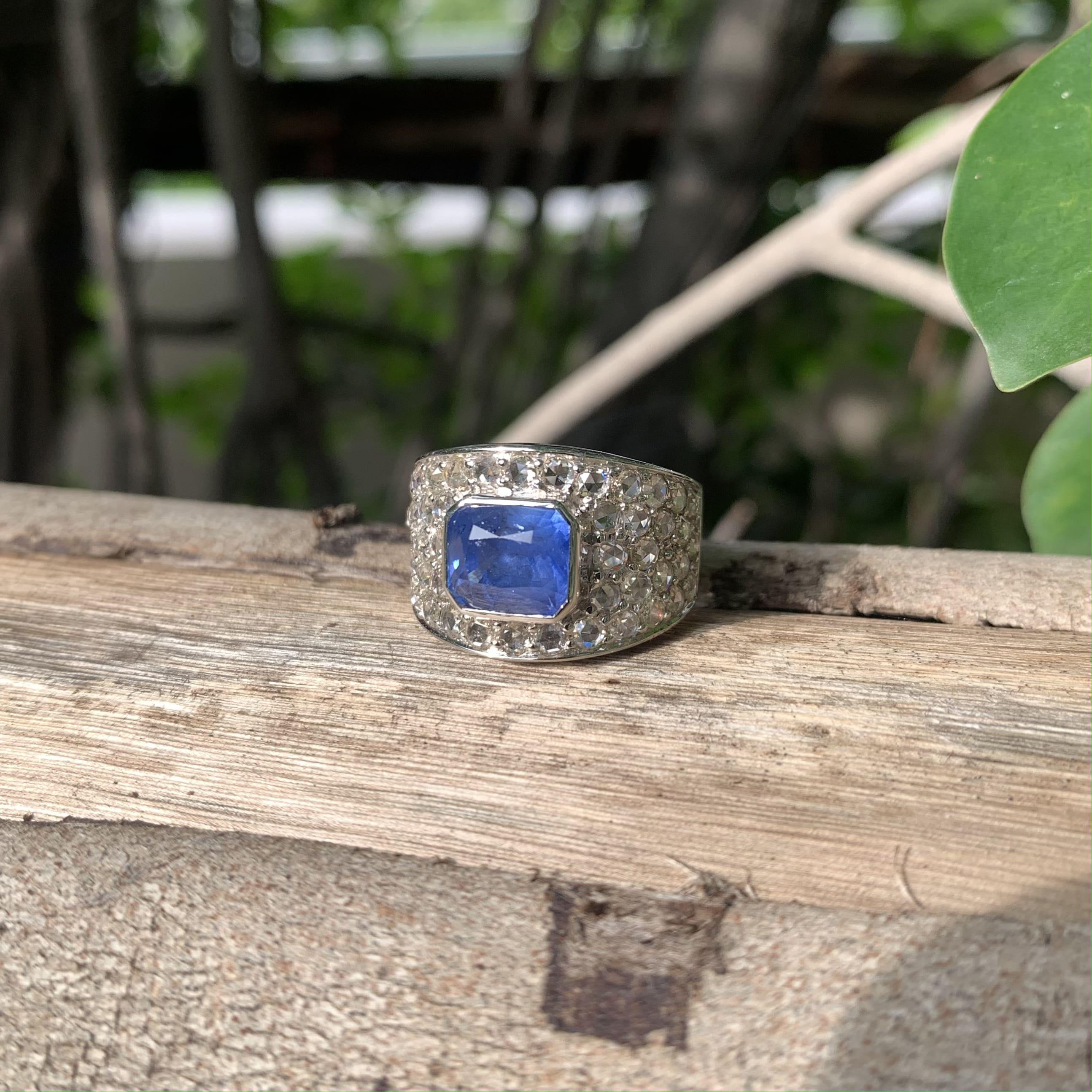 Men's 3.56 Carat Ceylon Sapphire Ring with Rose Cut Diamonds in 14k White Gold 7