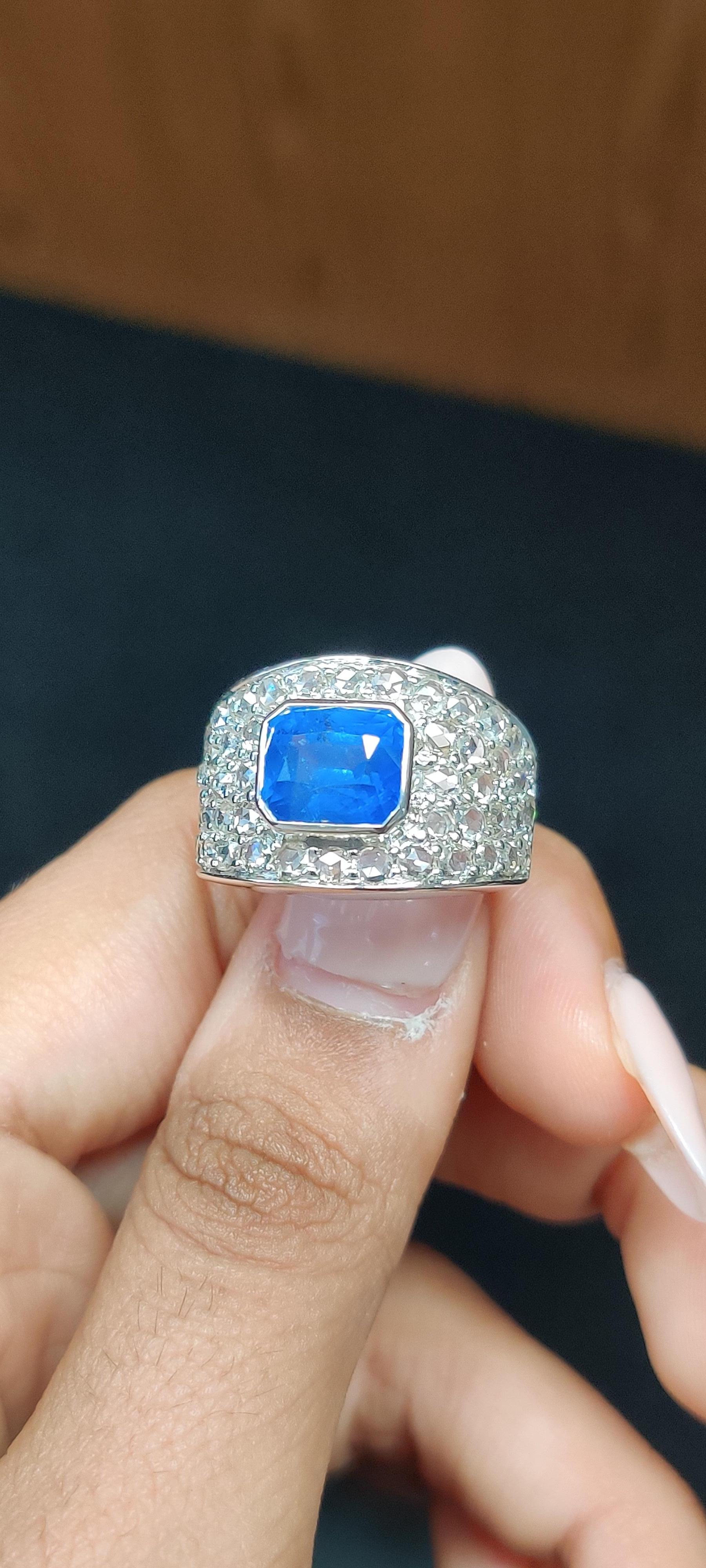 Men's 3.56 Carat Ceylon Sapphire Ring with Rose Cut Diamonds in 14k White Gold  For Sale 1