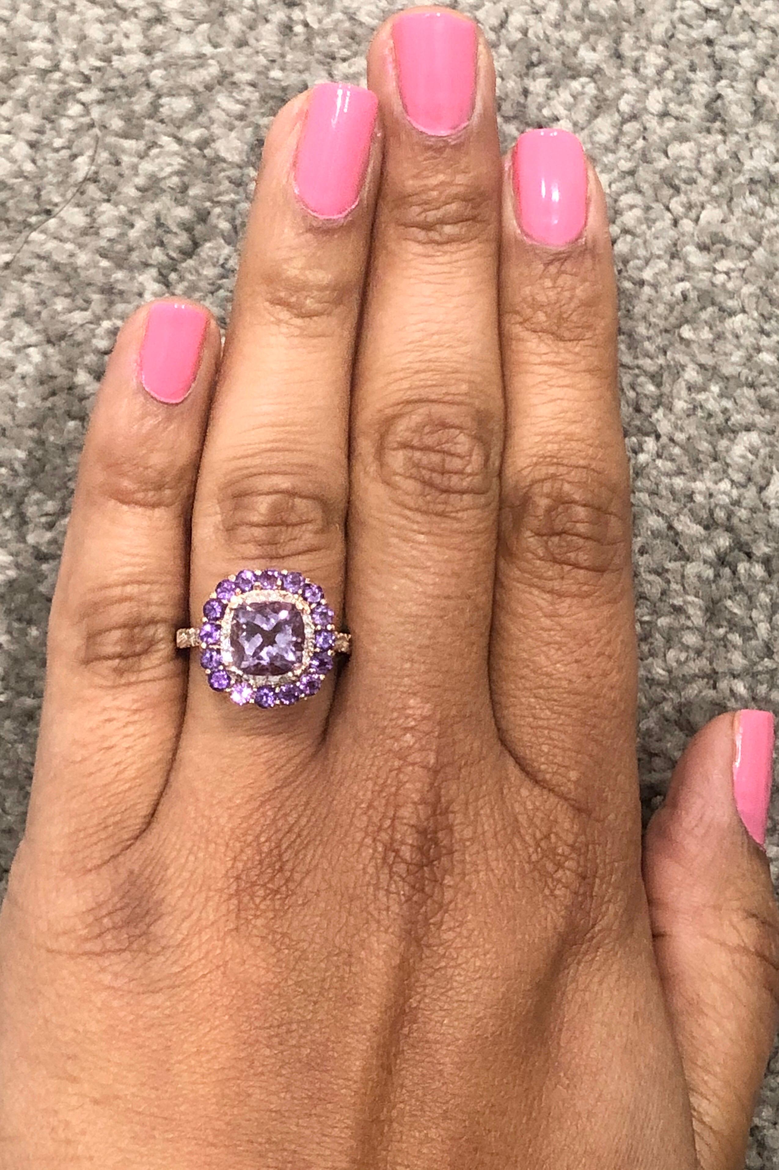Cocktailring aus Roségold mit 3,56 Karat Amethyst und Diamant im Kissenschliff im Angebot 1