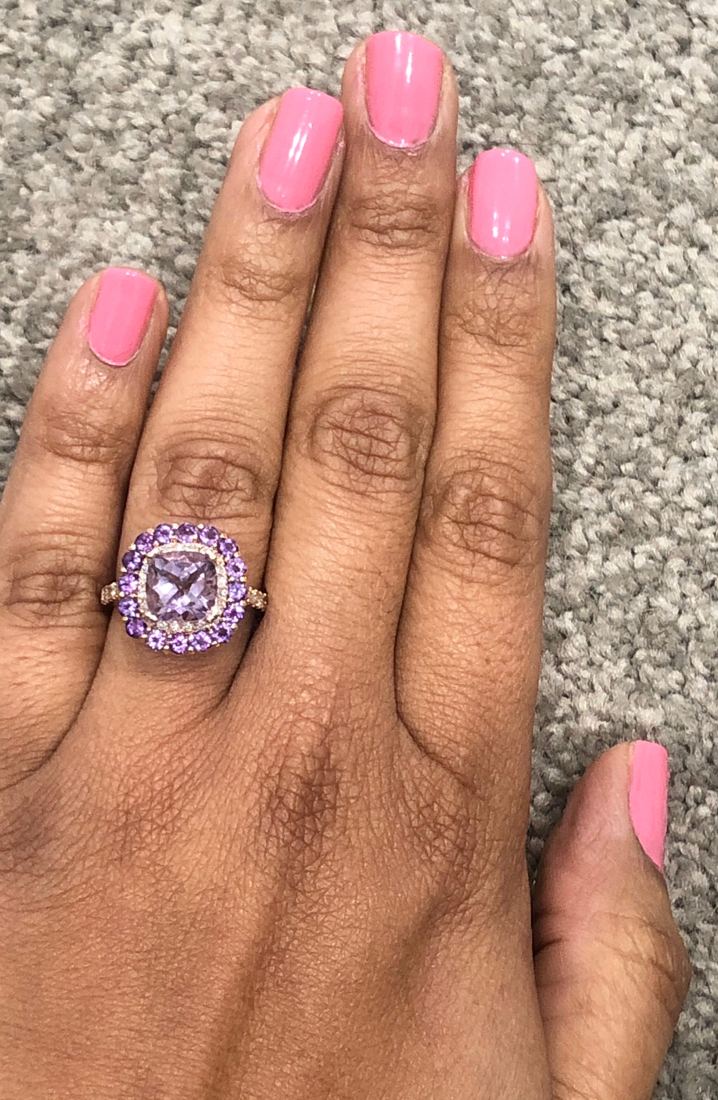 Cocktailring aus Roségold mit 3,56 Karat Amethyst und Diamant im Kissenschliff im Angebot 2