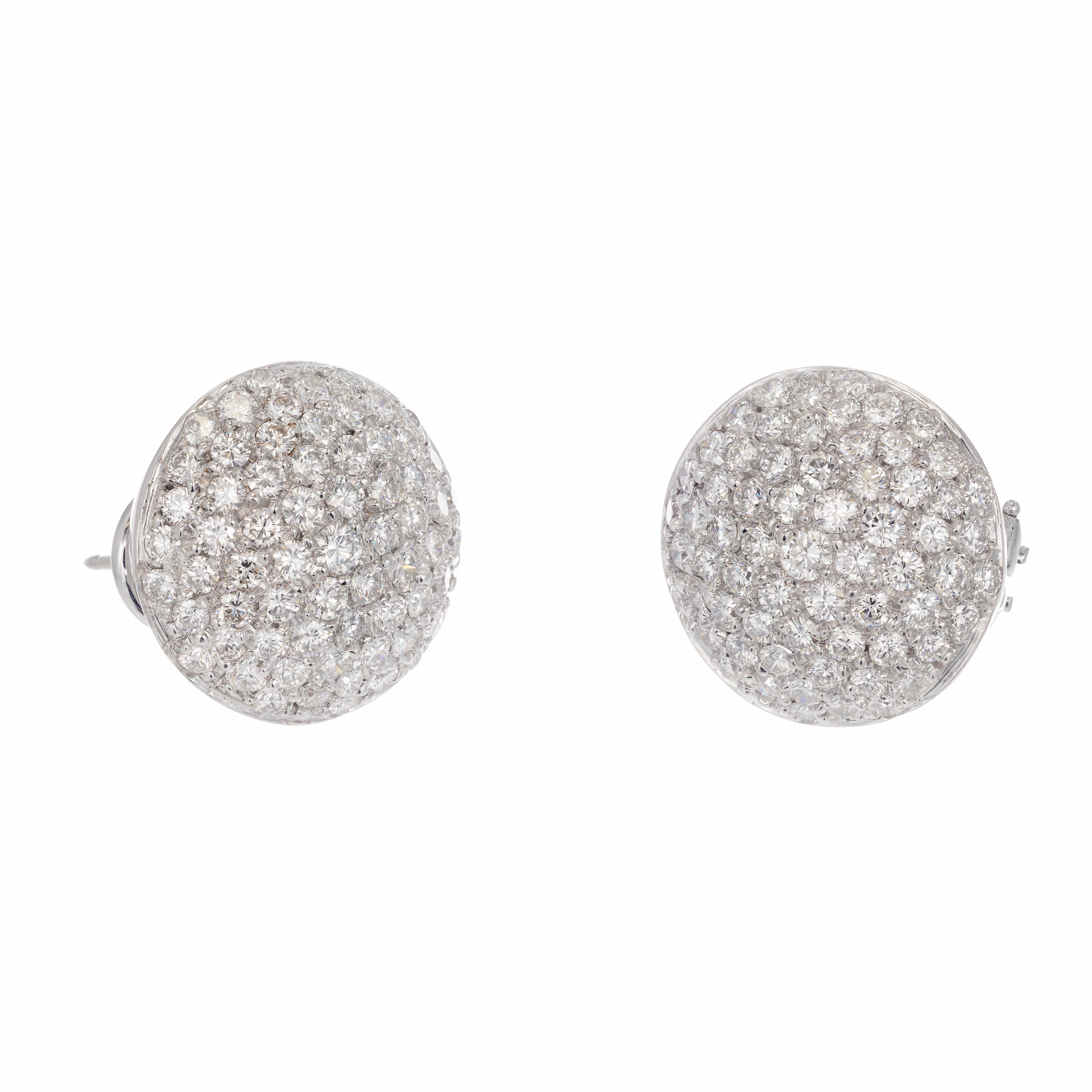 18k white gold 3.56 carat diamond cluster earrings. Round dome button style earrings covered with round brilliant cut diamonds all over. Pave set in 18k white gold.

130 round brilliant cut G-H VS diamonds Approximate 3.56 carats
18k White