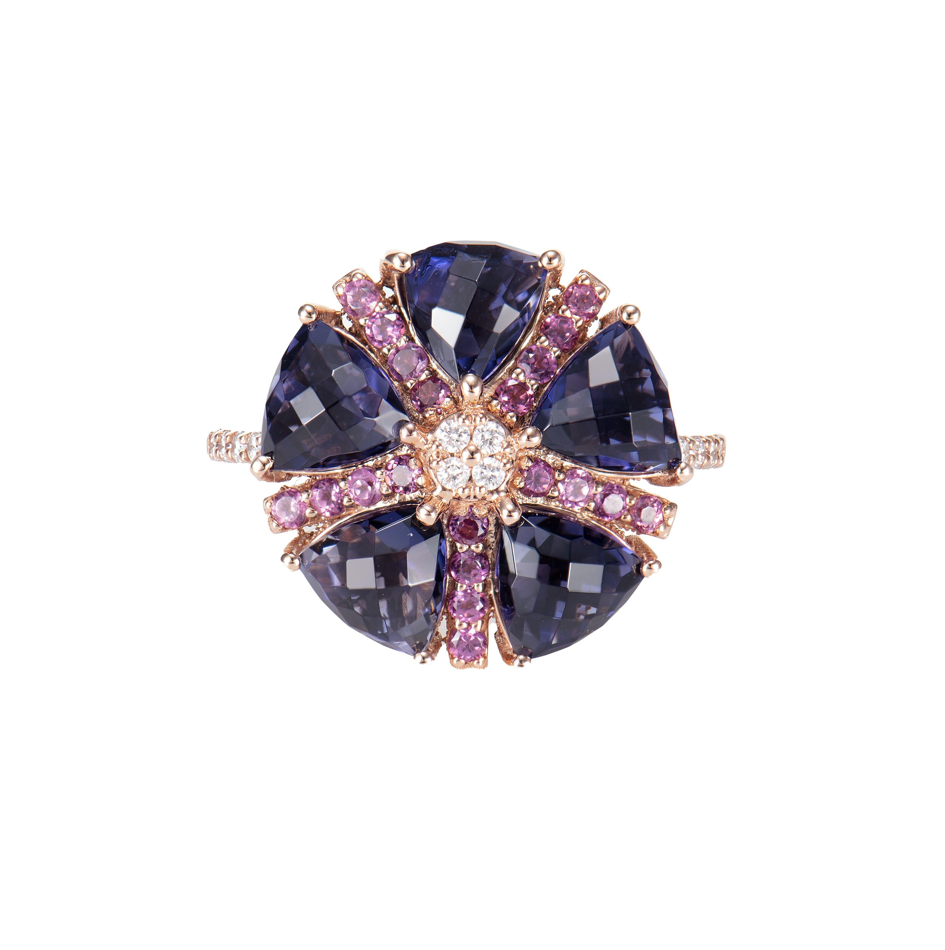 Contemporary 3.56 Carat Iolite Fancy Ring in 18K Rose Gold with Rhodolite and White Diamond For Sale